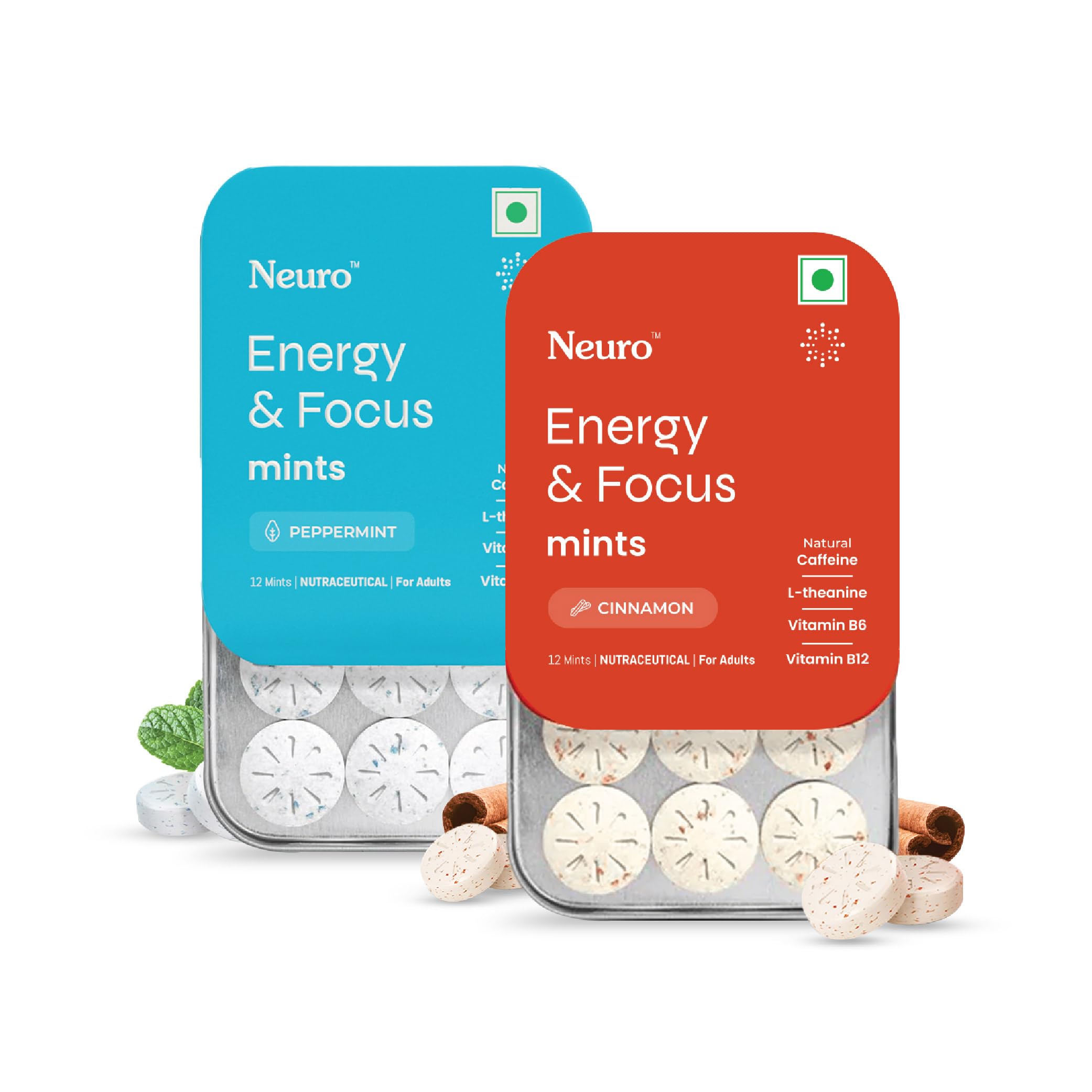 Neuro Energy & Focus Mints - Assorted Pack of 2 | Quick Energy Boost & Enhanced Focus | Natural Caffeine + 60 mg L-Theanine + Vitamin B6 & B12 | No Added Sugar | Aspartame Free | Peppermint Mint - Iced Coffee Mint (Pack of 2) — Amazon image 3