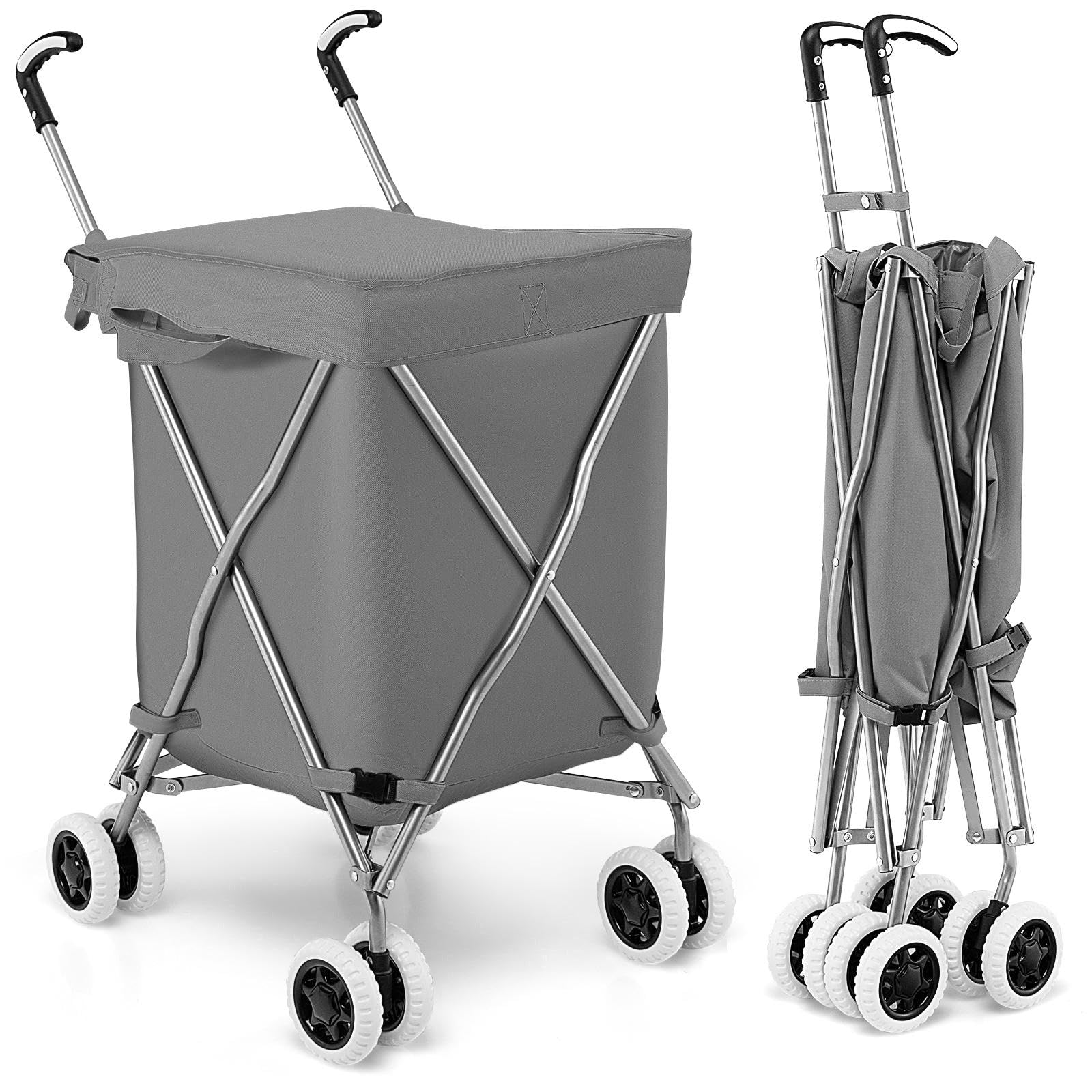 TANGZON 90L 8-Wheel Folding Shopping Trolley, Extra Large Lightweight Shopping Cart with Easy-Grip Handles, Steel Frame Push/Pull Utility Carts for Mobility (Grey)