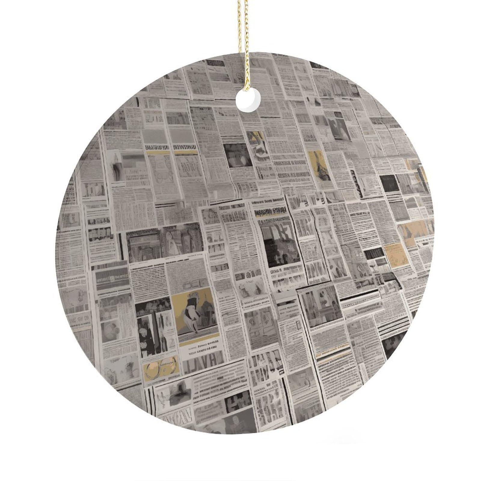 Fekiloot Style Newspaper Christmas Ornaments 2.9 Inch Round Ceramic Ornament Keepsake Thank You Gifts For Office, Room, Home - Holiday Present Ideas