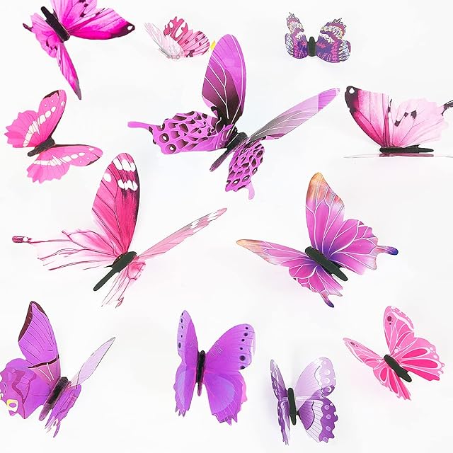 48 PCS Butterfly Wall Stickers, Butterfly Wall Decor for Nursery Classroom Home Bedroom Living Room Decor (Pink Purple)