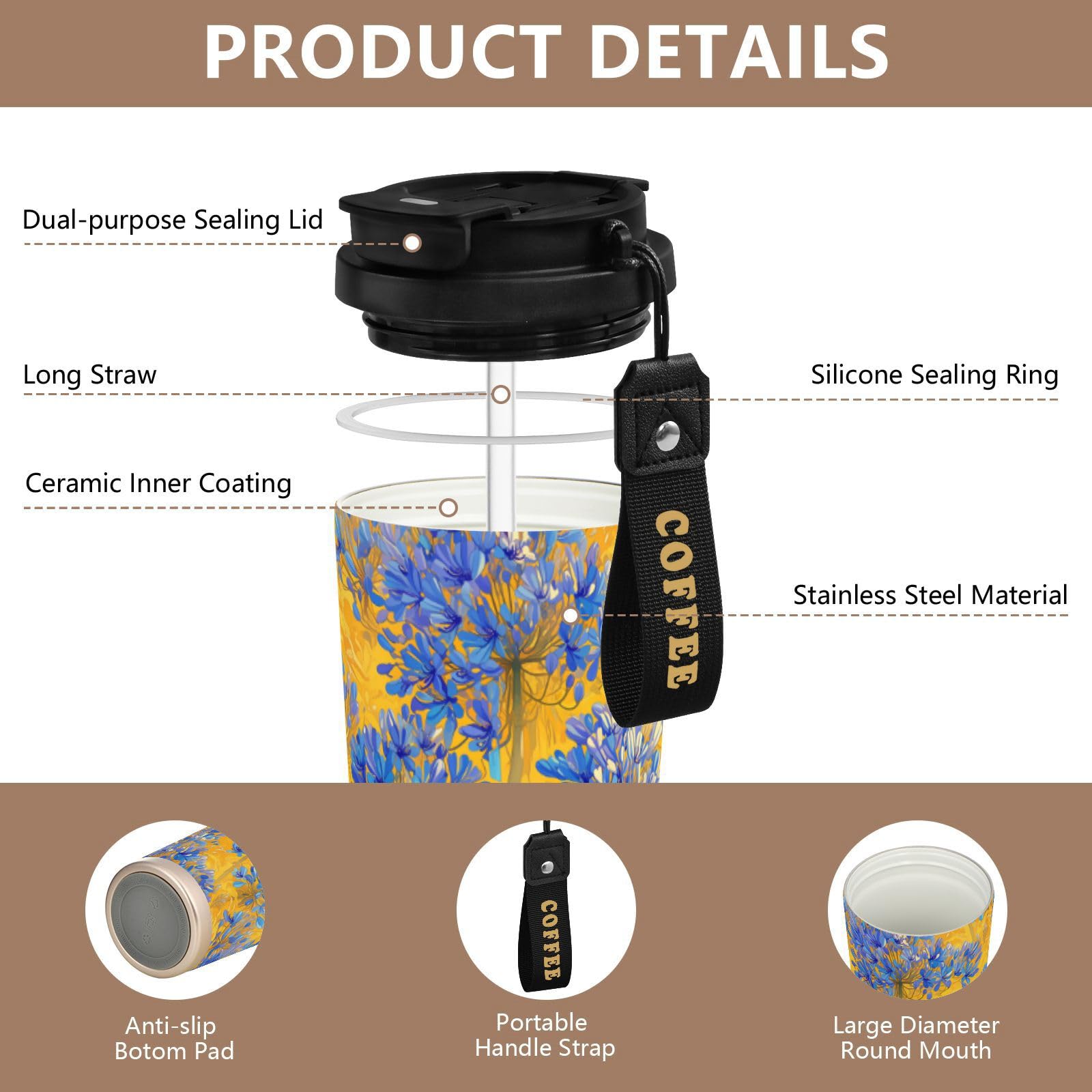 linqin Vasos de viaje de flores azules para mujer, taza de café con tapa, taza térmica de acero inoxidable para frío y calor, 17 onzas, a prueba de fugas