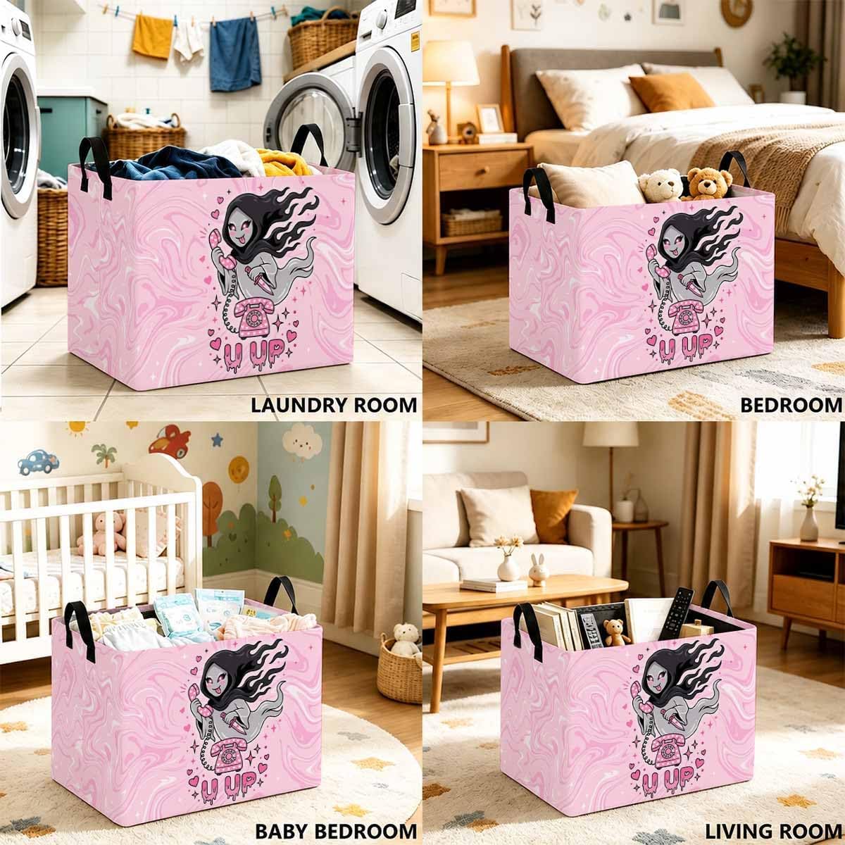 Kawaii Grim Reaper Laundry Hamper 56L, Late Night Calls Theme Foldable Laundry Basket with Reinforced Handles Storage Basket for Laundry Room, Bedroom, Bathroom, College Dorm Ideal Gift for Home image 5