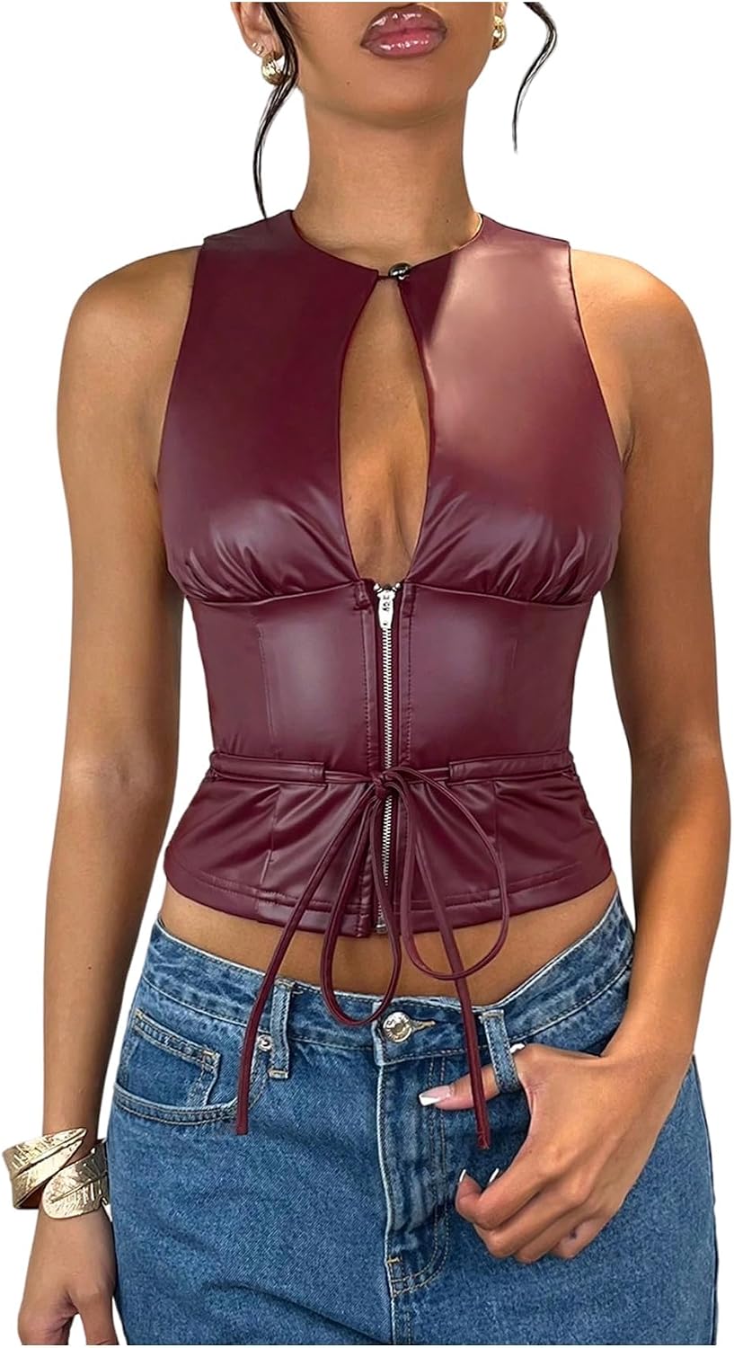 WDIRARA Women's Faux Leather Cut Out Tank Top Tie Knot Sleeveless Round Neck Tops