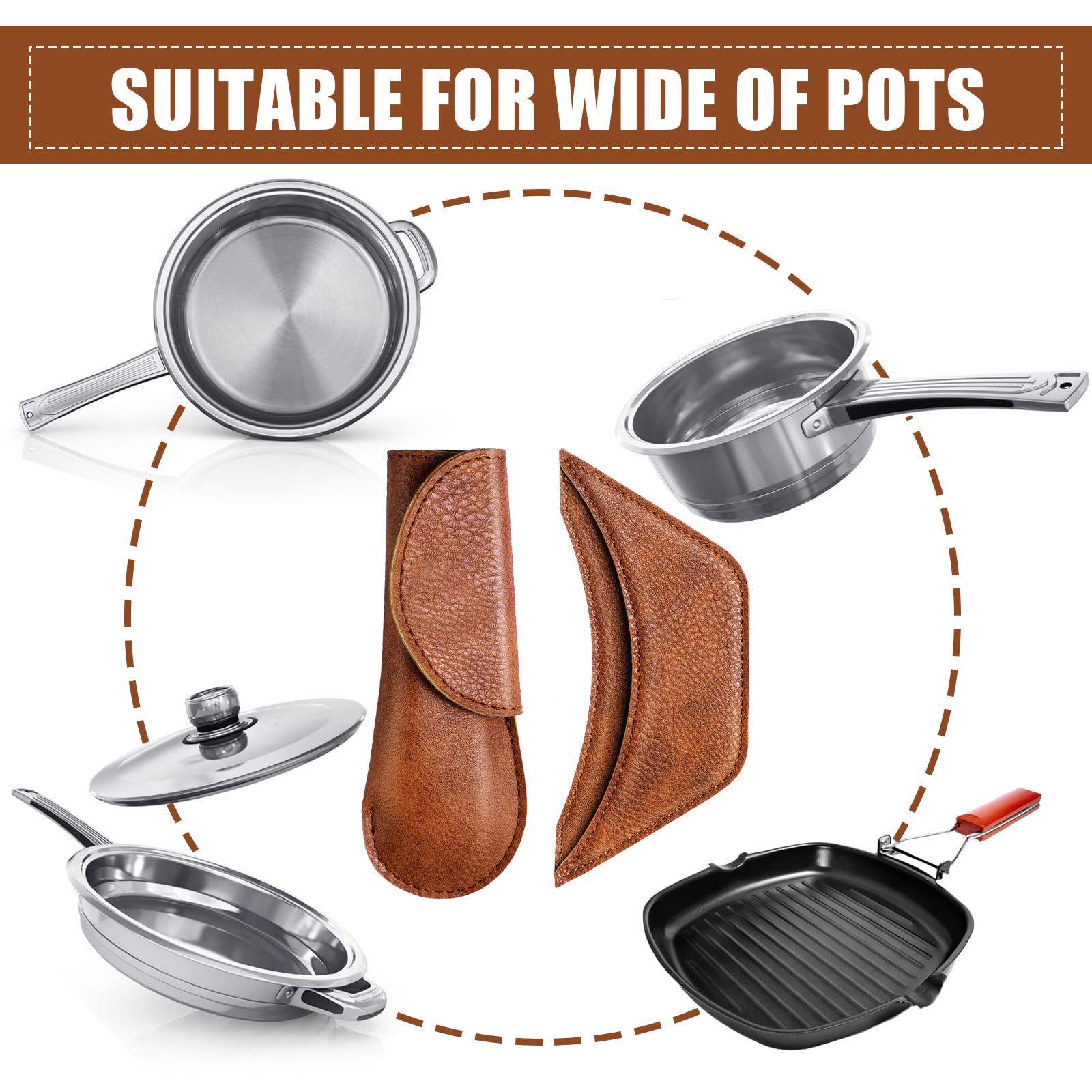6 piezas de mango de hierro fundido hecho a mano grueso mango de sartén cubierta de grano completo funda rústica de cuero PU soporte caliente doble capa cuero asistente agarre para cocina 7