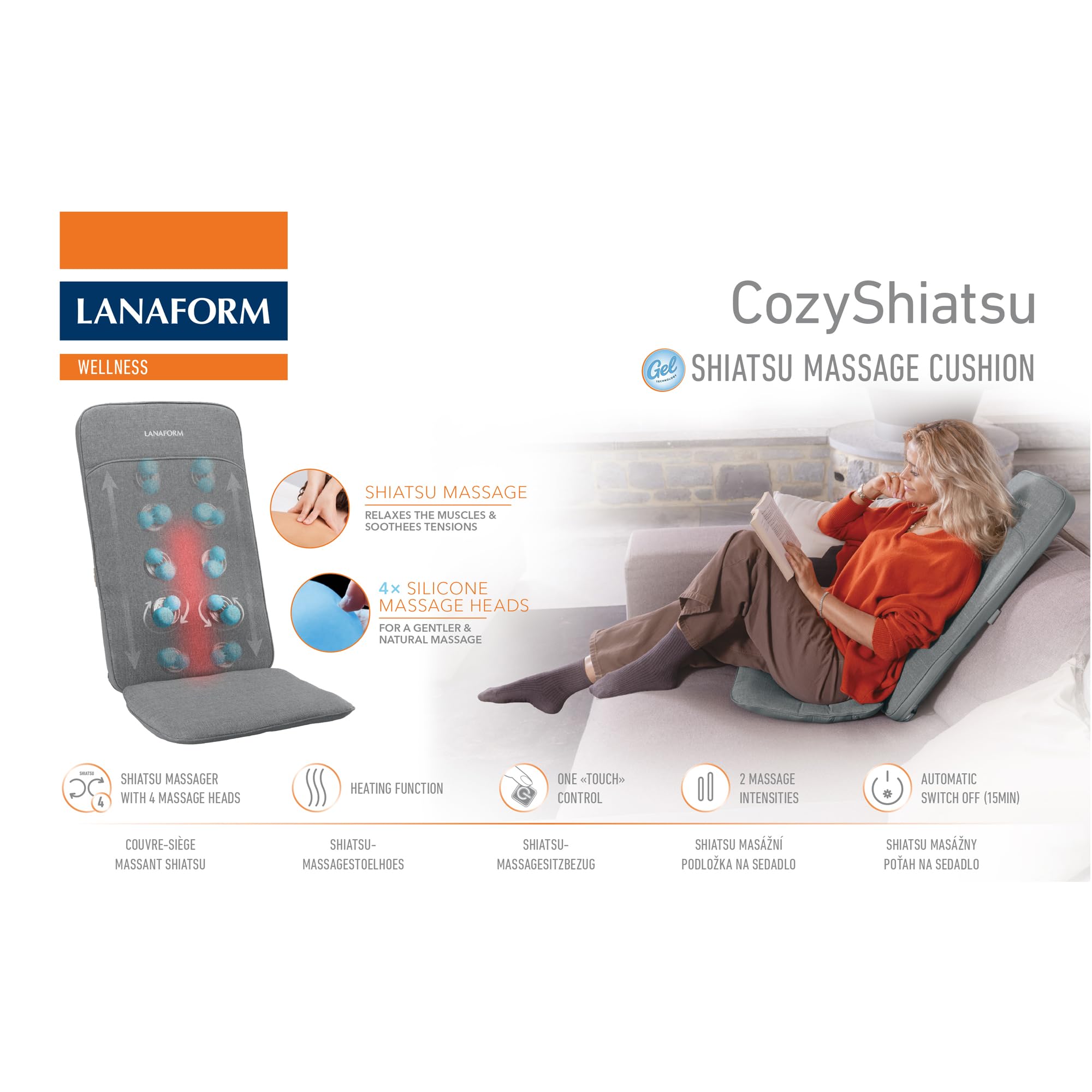 LANAFORM - CozyShiatsu - Couvre-siège Massage Shiatsu - Fauteuil Massant Chauffant Dos - Têtes Gel Rotatives Relaxation - Chaleur Lombaire Activable - Siège Bureau Canapé Détente