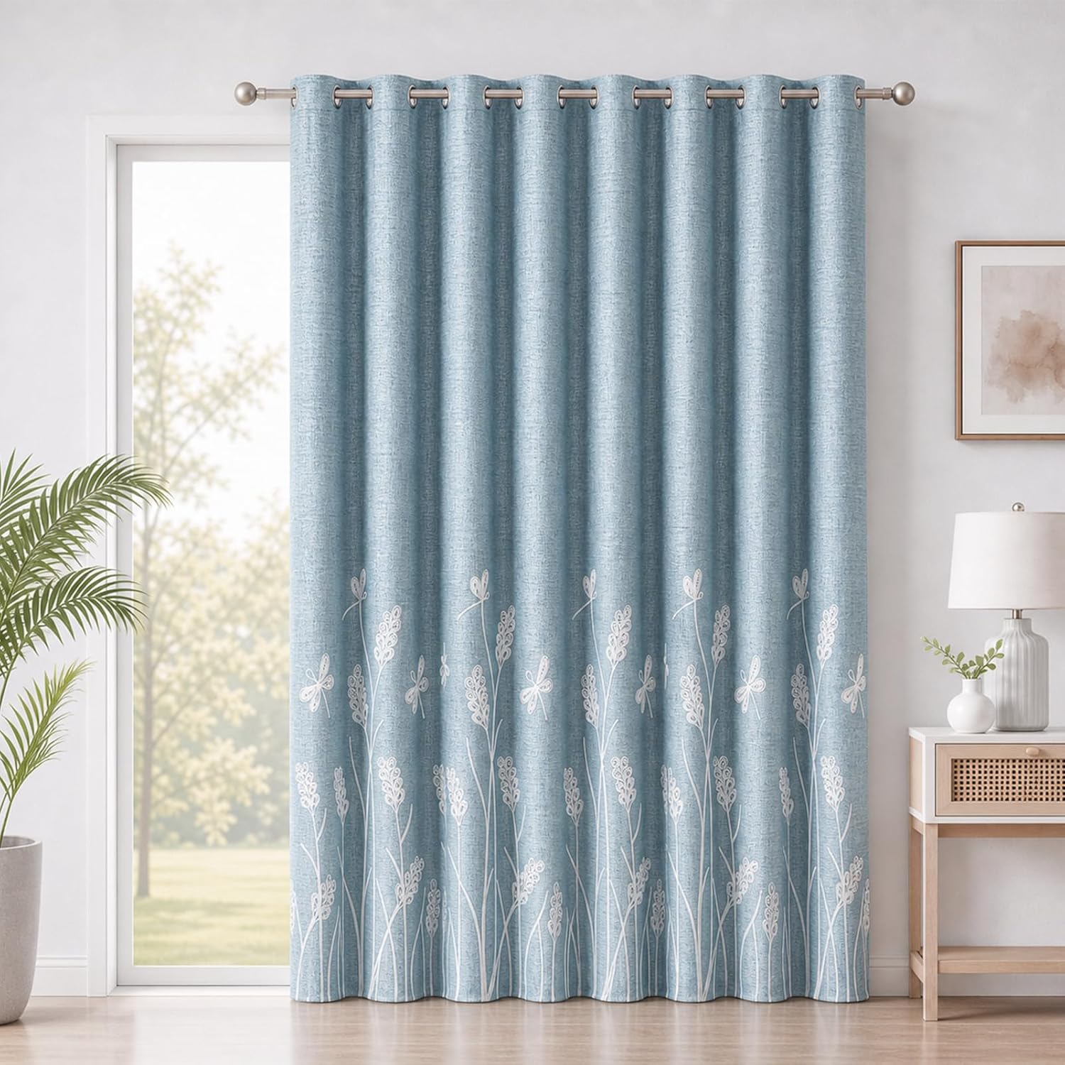 Melodieux Wheat Embroidery Extra Wide Curtain for Living Room Patio Sliding Door, Rustic Floral Patterned Room Darkening Linen Textured Grommet Drape, White Wheat/Blue, 100" W x 96" L, 1 Panel