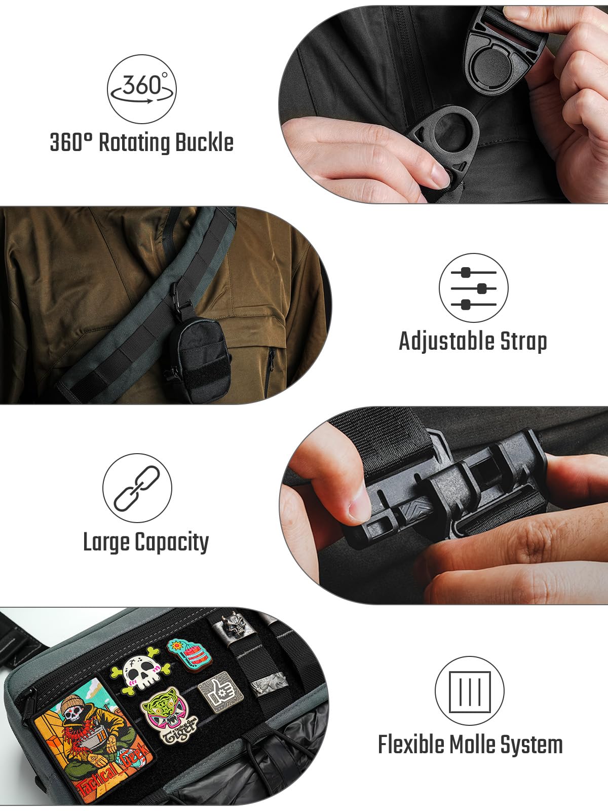 TACTICAL_GEEK Cache L3 EDC Sling Bag Poitrine Sac bandoulière Nylon CORDURA Fermeture éclair YKK Sac à dos d'épaule Tactique Sangle Ambidextre de Randonnée