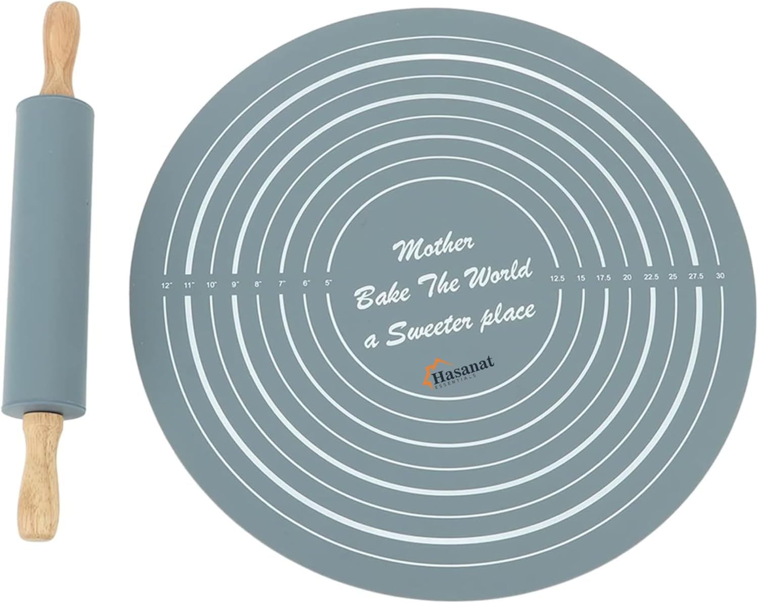 Hasanat Essentials Silicone Food Grade Non-Stick Non-Slip Dough Baking Mat & Roller Pin Set – Washable Tool for Pizza, Pie Crusts & More