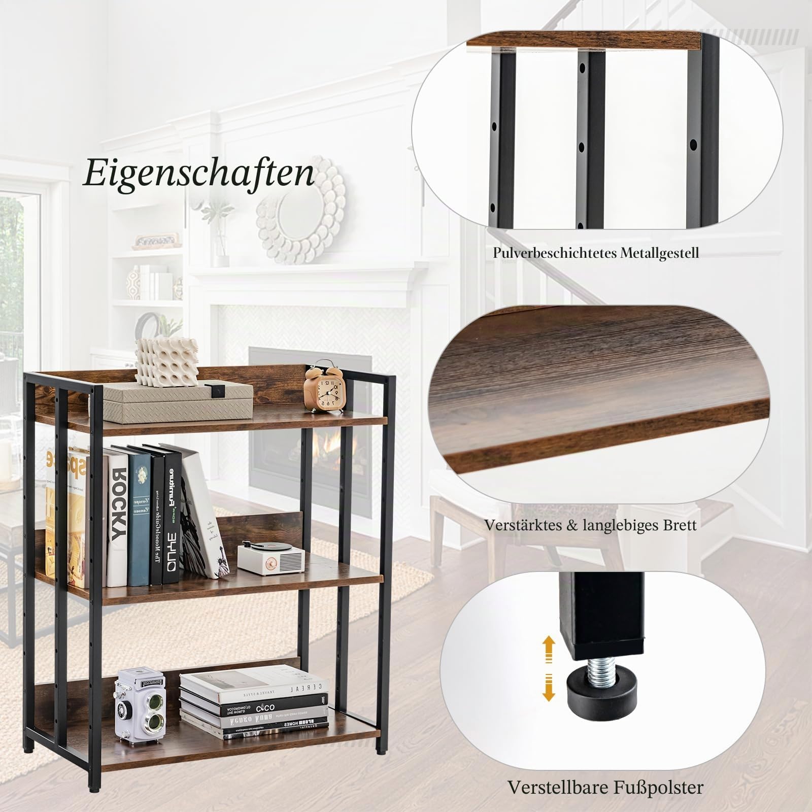 HOMASIS Bücherregal mit 3/5 Ebenen, industrielles Standregal mit verstellbaren Regalboden & Metallrahmen, Aufbewahrungsregal Gewürzregal Küchenregal für Wohnzimmer Küche Büro (Vintage Braun)