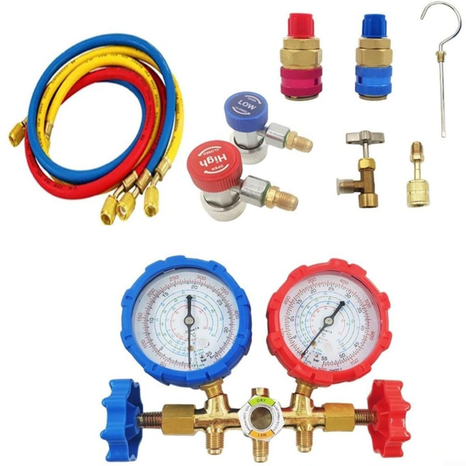 Manometer Set für R410A R404A R134a, Klimaanlage Wartungswerkzeug mit 3 Schläuchen, Messbereich -20°C bis 60°C, 500PSI(C)