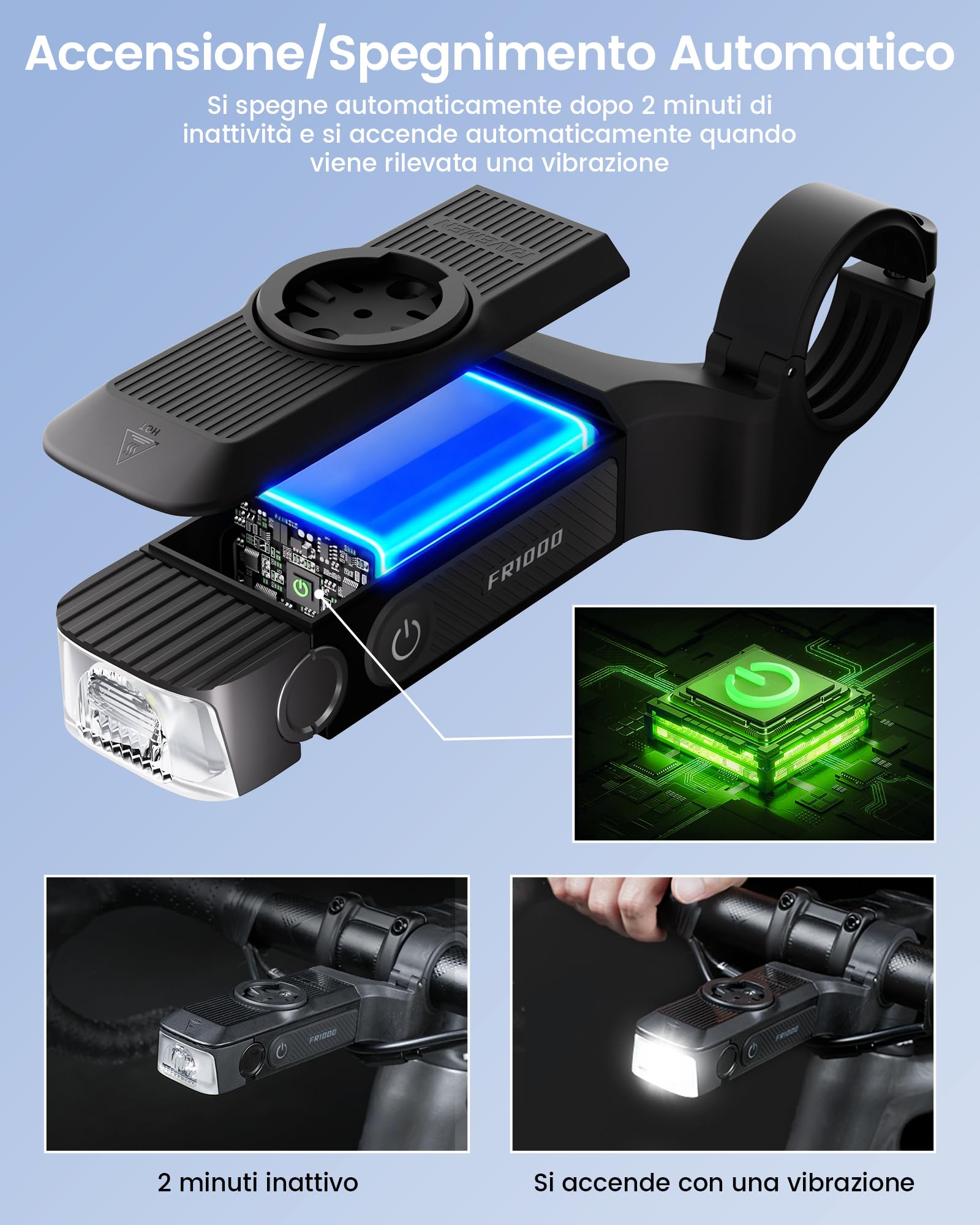 RAVEMEN FR1000 Fanale Anteriore per Bici Illuminazione Notturna e Visibilità Diurna Compatibile con Garmin/Wahoo/Bryton Ciclocomputer, Luce e supporto Integrati, Accensione/Spegnimento Automatico IPX6