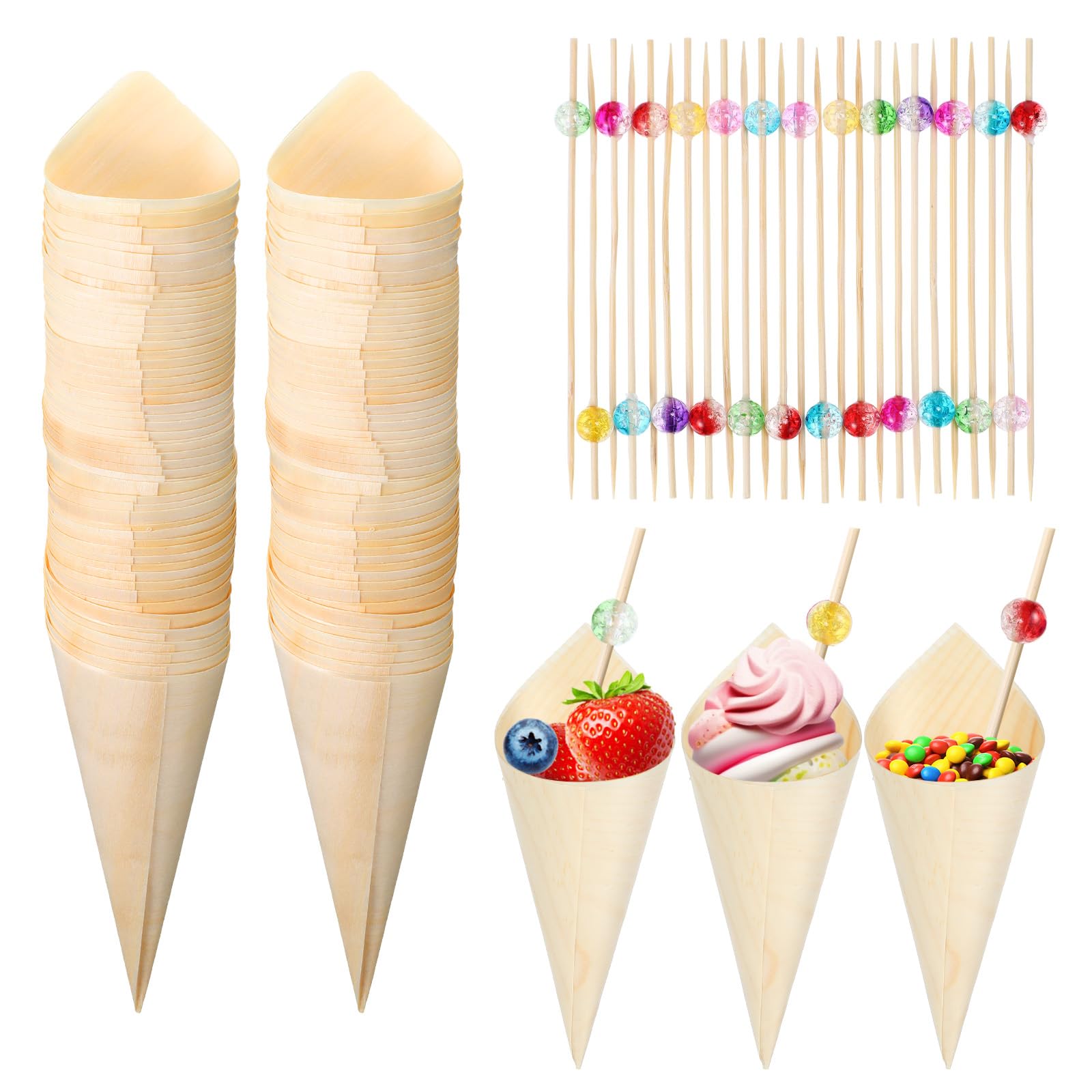 Queekay 200 Pcs Disposable Wood Charcuterie Cones, 5 Inch