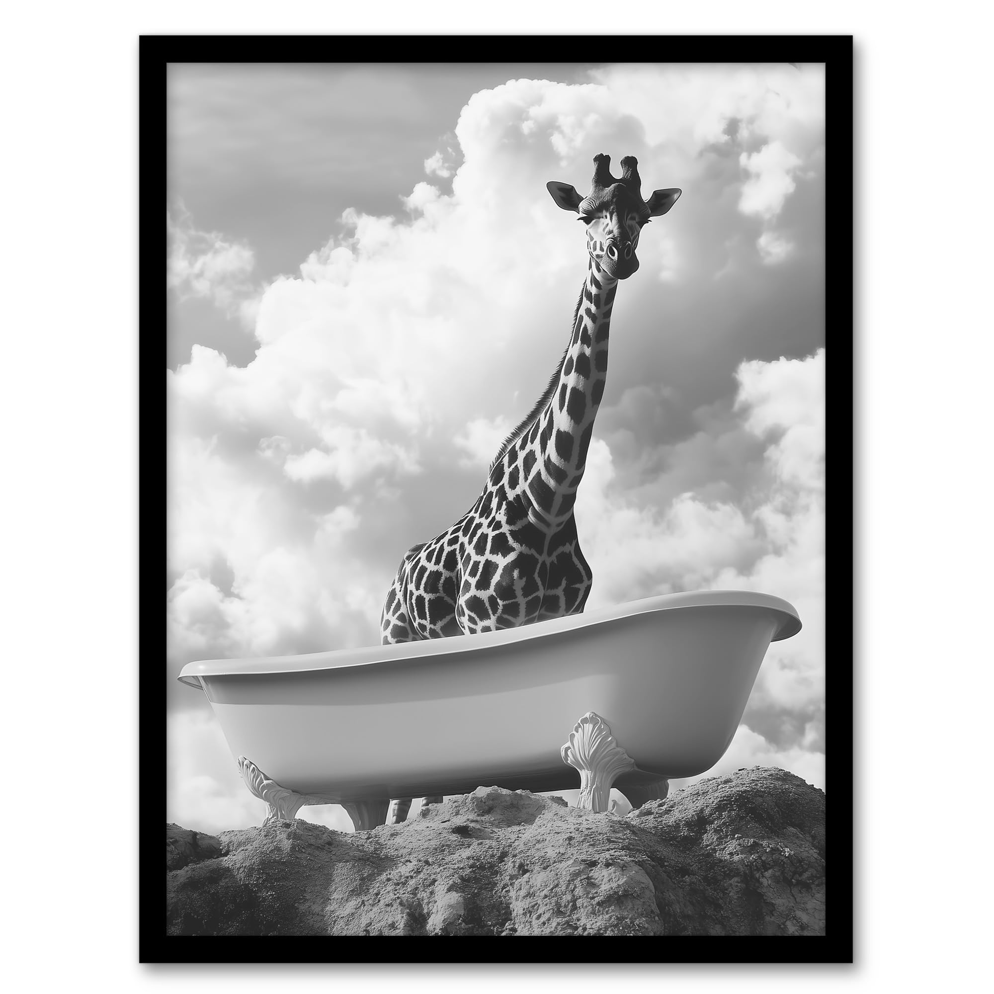 Artery8 Giraffe in Bathtub on a Hill Black White Surreal Bathroom Toilet Artwork Framed Wall Art Print A4