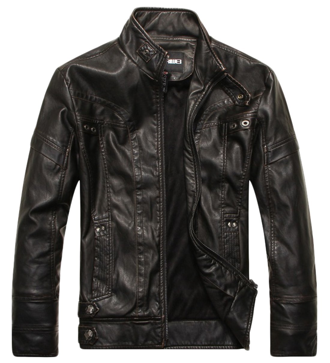 chouyatou Men's Vintage Stand Collar Pu Leather Jacket