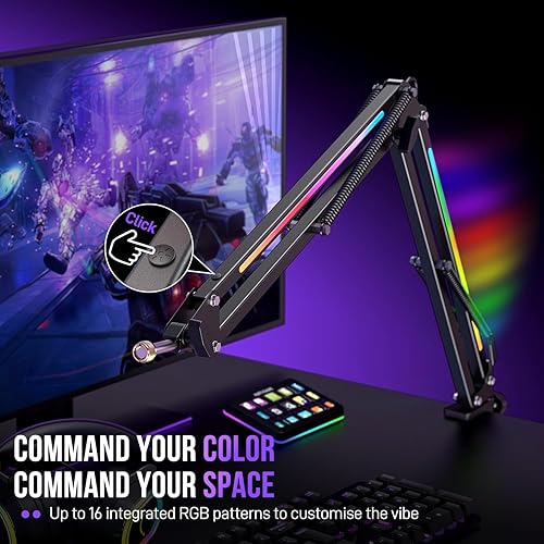 Miniatura 4 de FIFINE Brazo de brazo de micrófono, soporte de brazo de micrófono de metal con control RGB, adaptador de tornillo de 38 a 58 pulgadas, abrazadera de
