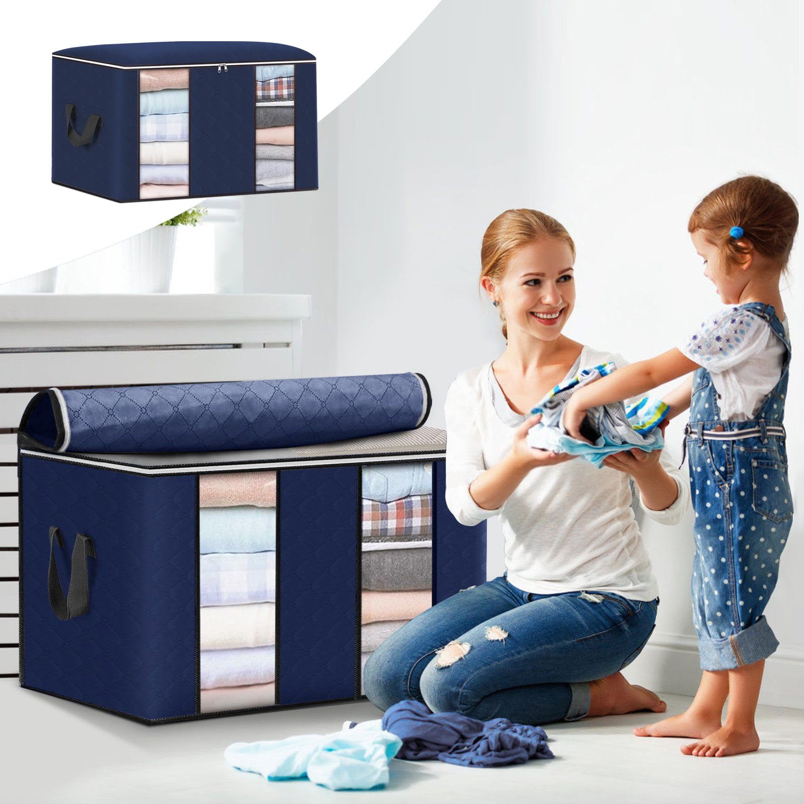 Ke1Clo90L Storage Bin for Clothes, Foldable Quilt Storage with Clear Window, Non-woven Bedding Storage Bags with Zipper, Suitable for Home/Dormitory/Travel