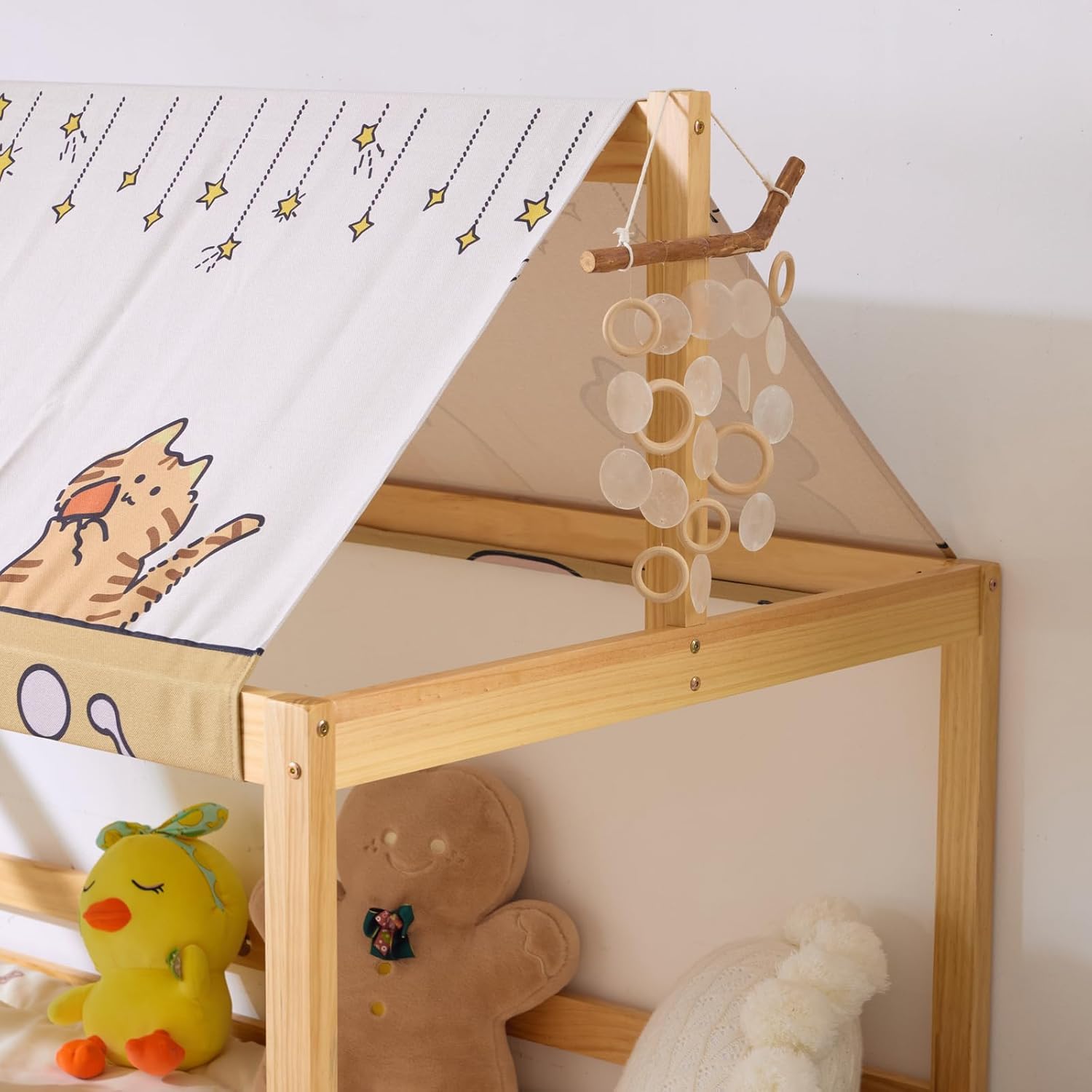 LEADZM Lit cabane Enfant 90x190 cm avec baldaquin en Tissu, sommier à Lattes, barrières de sécurité Enfant Bois en pin Forme de Maison Lit au Sol Montessori (Naturel)