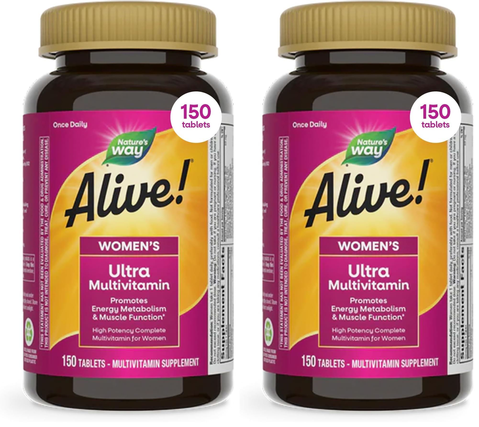 Nature's Way Alive! Women's Daily Ultra Multivitamin,High Potency Formula,Promotes Energy Metabolism and Muscle Function*,Women's Vitamins,Methylated Vitamin B12,150 Tablets,(Pack of 2) 150 Count (Pack of 2)