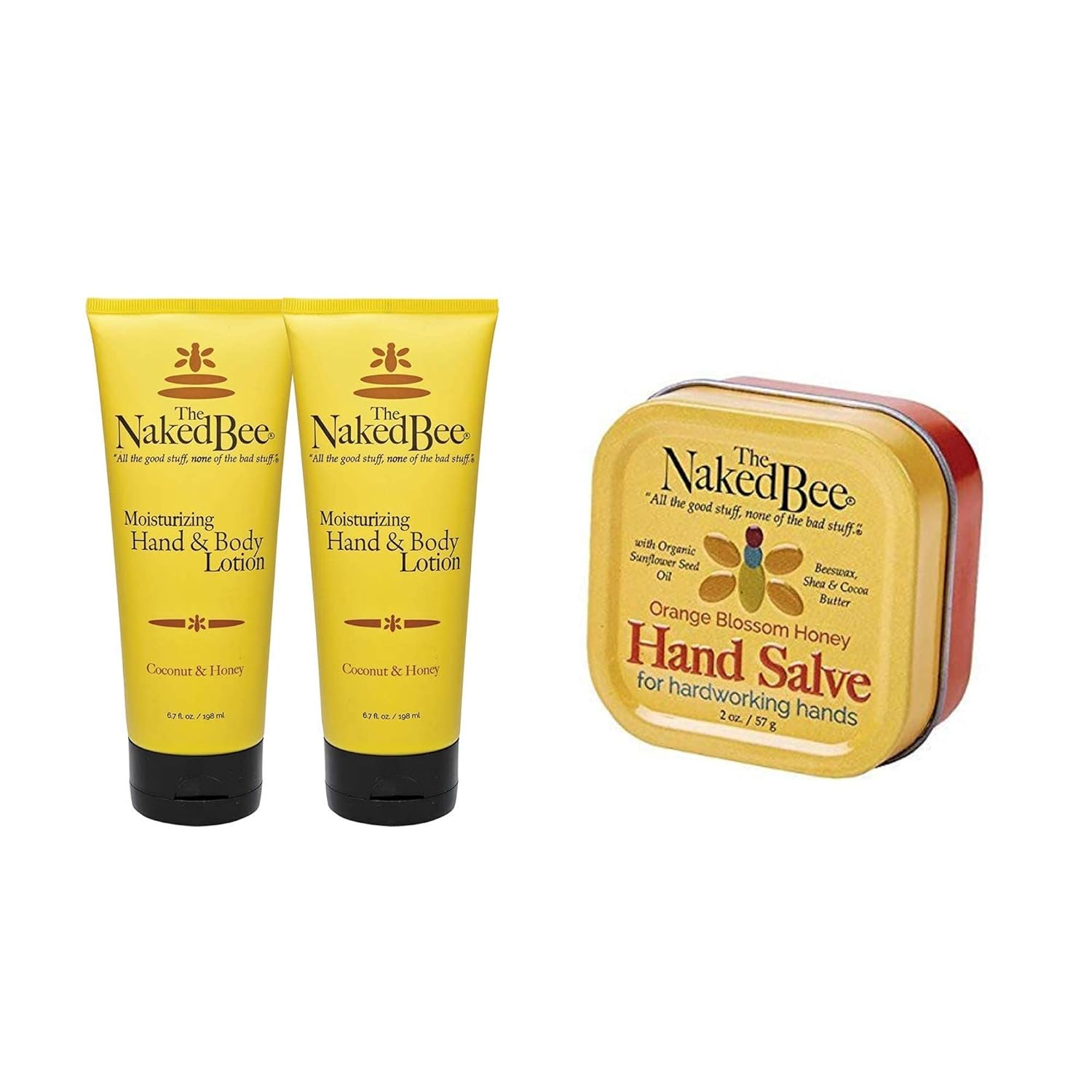 The Naked Bee Hand & Cuticle Healing Salve (1.5oz/Sunflower, Beeswax & Shea Butter) + Coconut & Honey Moisturizing Hand & Body Lotion, 6.7oz