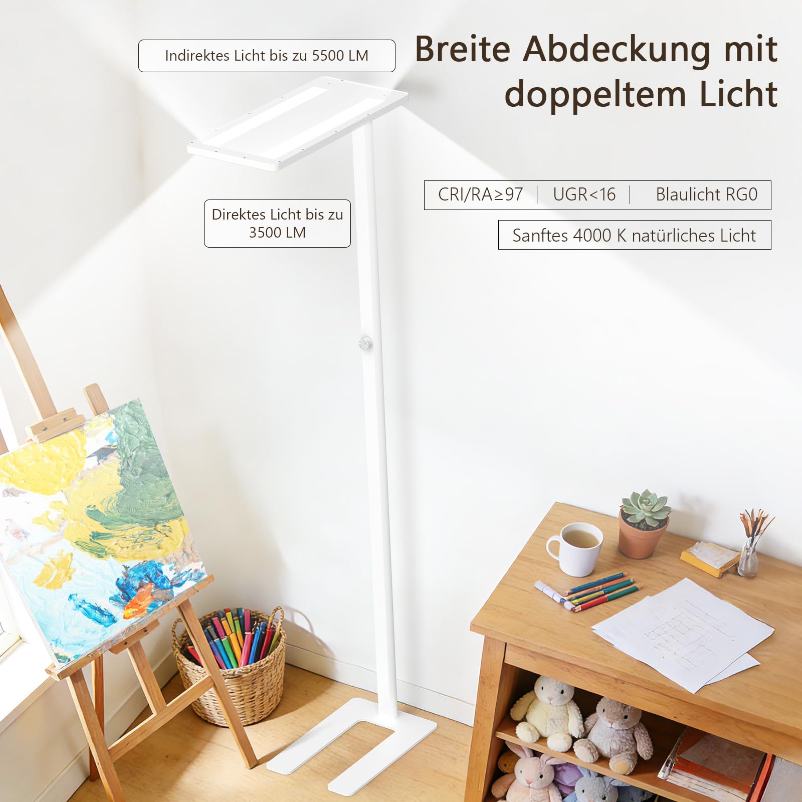 LES FLEURS 100W LED Stehlampe,9000lm Vollspektrum Augenpflege Leselampe, 195cm Stehlampe Dimmbar mit 4000K natürlichem Tageslicht, Stehlampe Wohnzimmer, Stehleuchte für Schlafzimmer, Studien und Büro