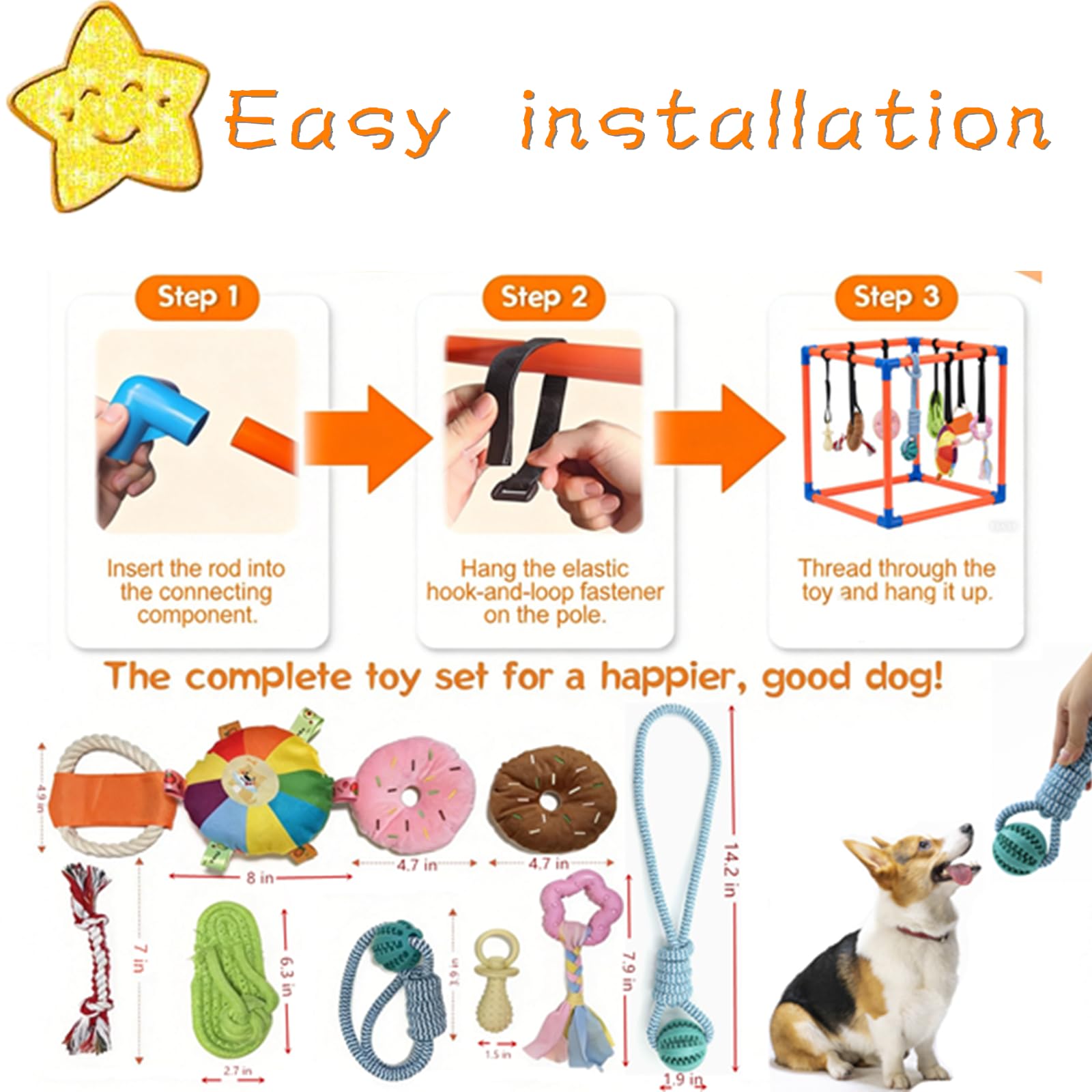 Gimnasio de juego para cachorros para perros pequeños con 8 juguetes colgantes, enriquecimiento interactivo extraíble, parque infantil interior de la selva, marco de PVC ajustable con correas