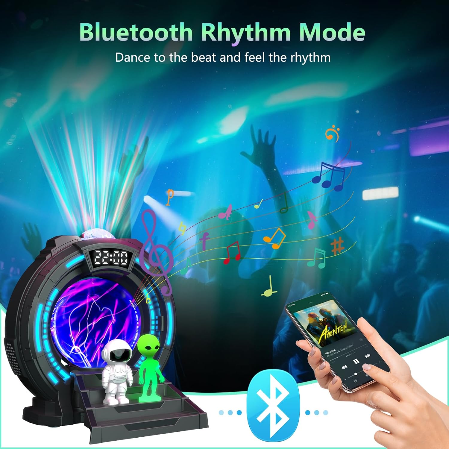 Galaxy Projector with Plasma Ball, 8 Aurora Lights, White Noise Machine, Bluetooth Speaker, Timer Alarm Clock, Remote Controlled Night Light for Bedroom, Kids/Adults, Party, Gifts