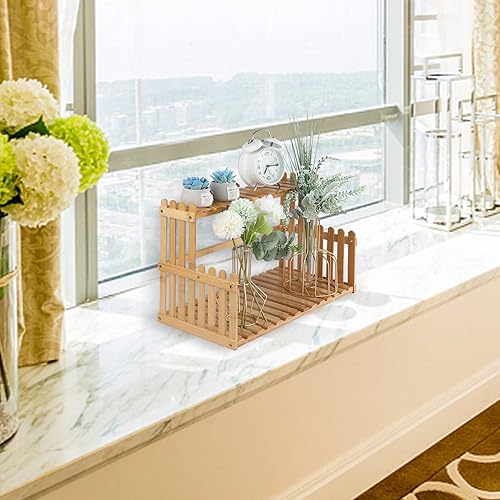 Miniatura 5 de Estante de bambú de 2 niveles de 14.6"18.5", soporte para macetas de escritorio, estante de exhibición ajustable para escritorio, organizador en