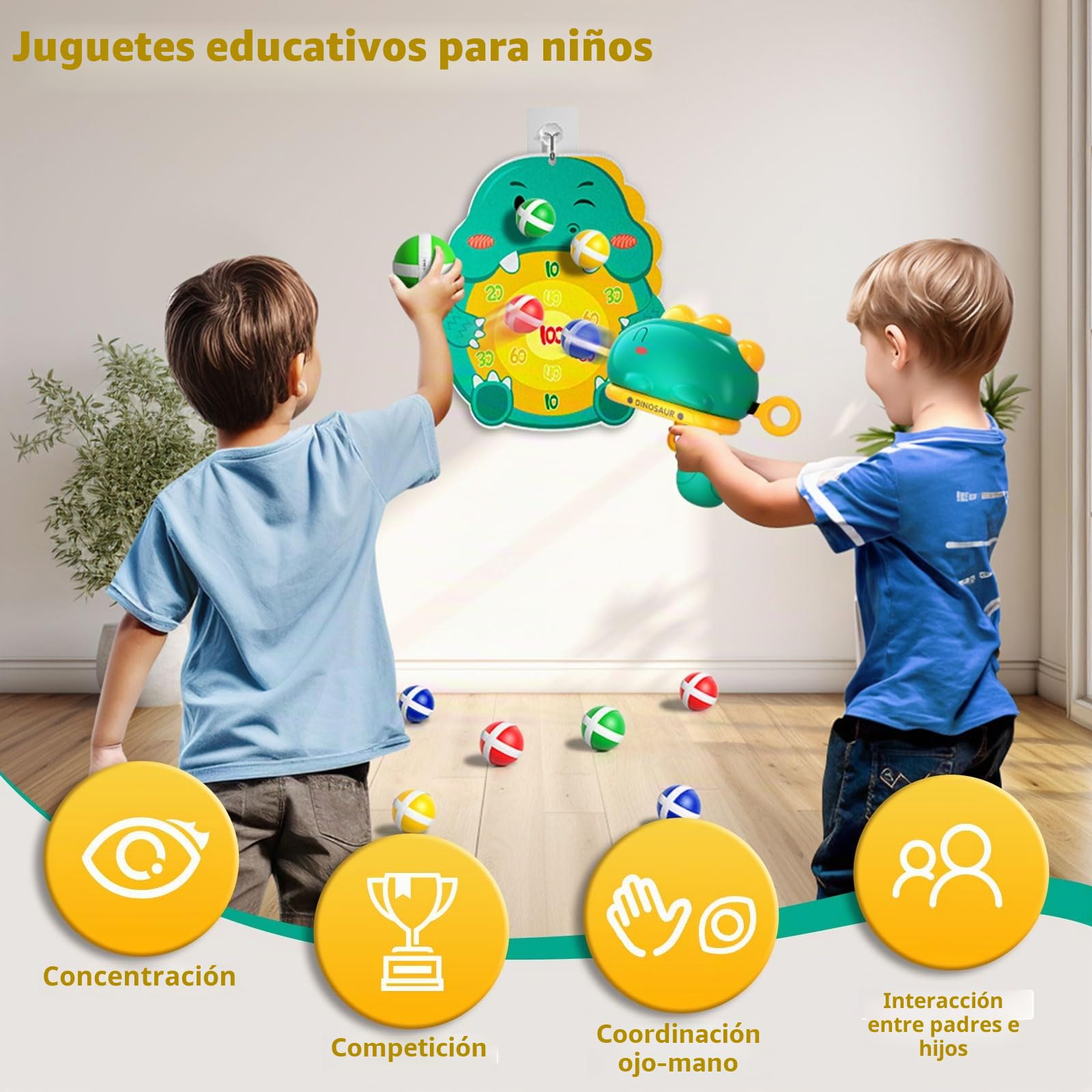 Doloowee Juego de Disparos de Pistola de Dinosaurio, con Tablero de Dardos, 12 Bolas pegajosas, Regalo de Juguete de jardín Interior y Exterior para niños y niñas de 3 4 5 años (Verde)