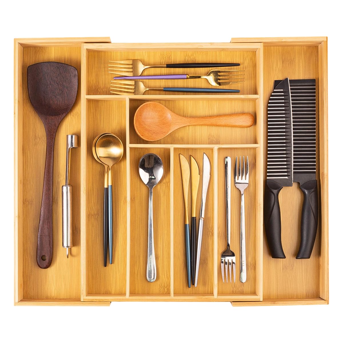 Organizador de cubiertos de bambú de lujo para cajones, extensible, 33 a 52 x 43 x 5 cm, 6 a 8 compartimentos, organizador de cubiertos, organizador de cajón para cucharas, tenedores