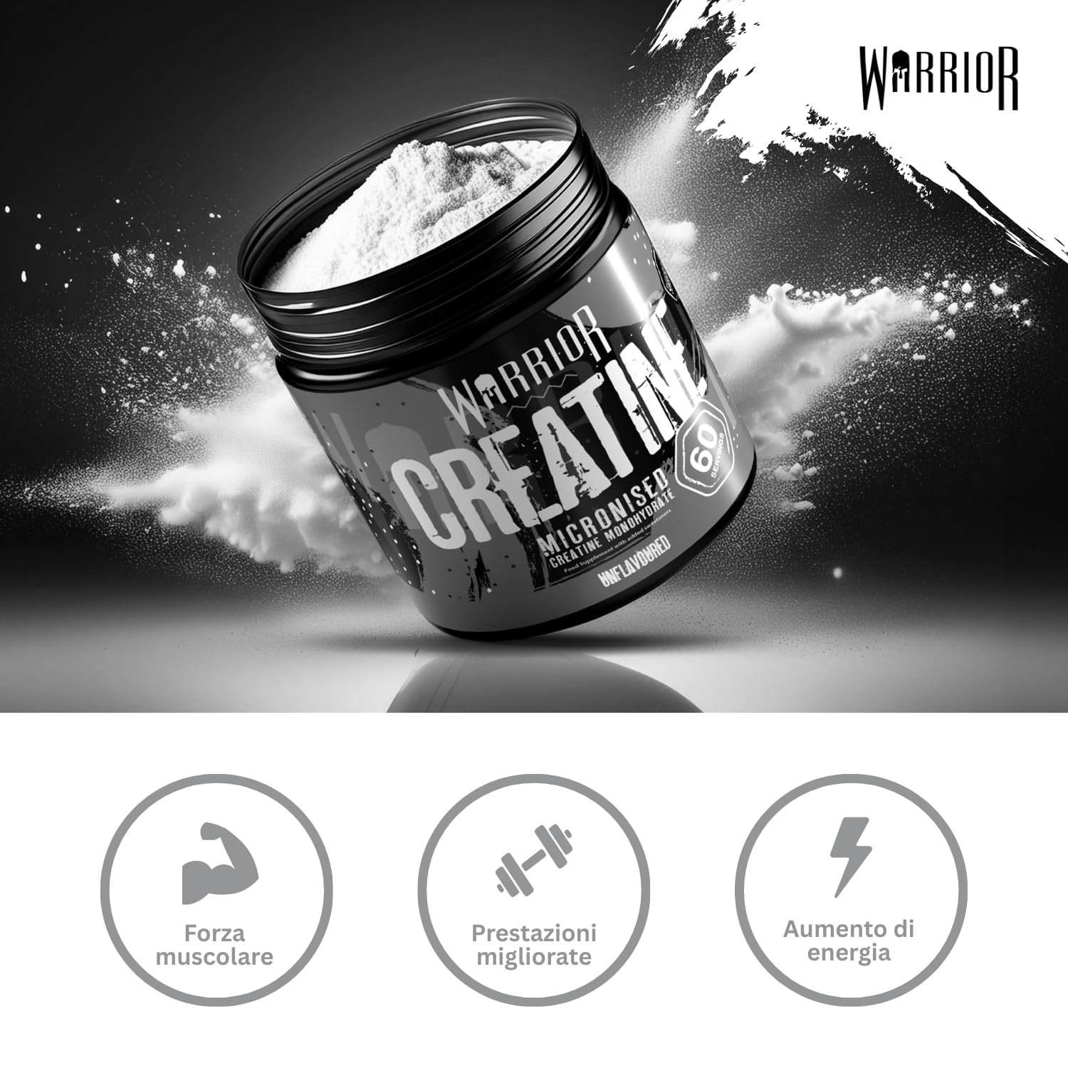 Warrior Creatina Monoidrata in Polvere 300 g (100 Porzioni) – Creatina Pura Creapure, Creatina Monoidrata Micronizzata per Massa Muscolare e Forza, Creatine Monohydrate Vegan – Senza Aroma (Neutro)
