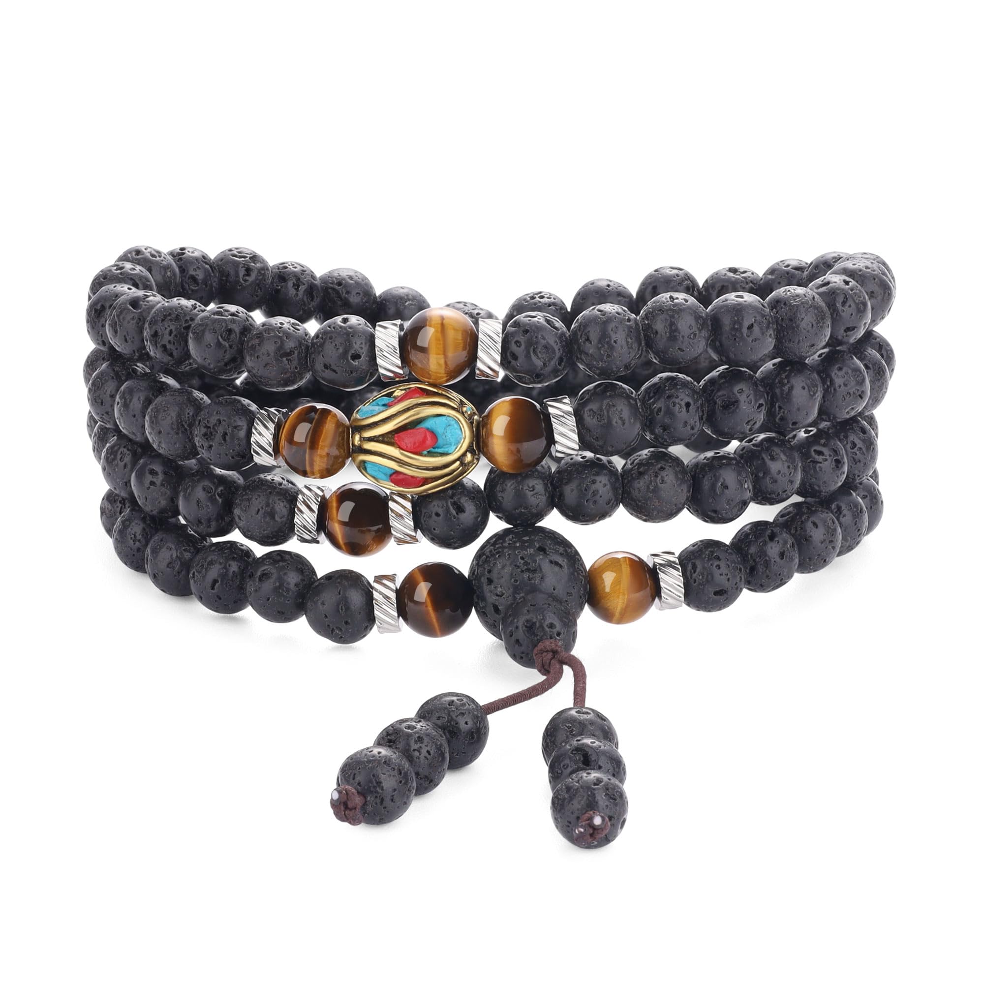Collana Mala 108 Grani COAI - Pietra Lavica E Occhio Di Tigre, Bracciale Japamala Unisex Per Yoga E Meditazione - Foto 6