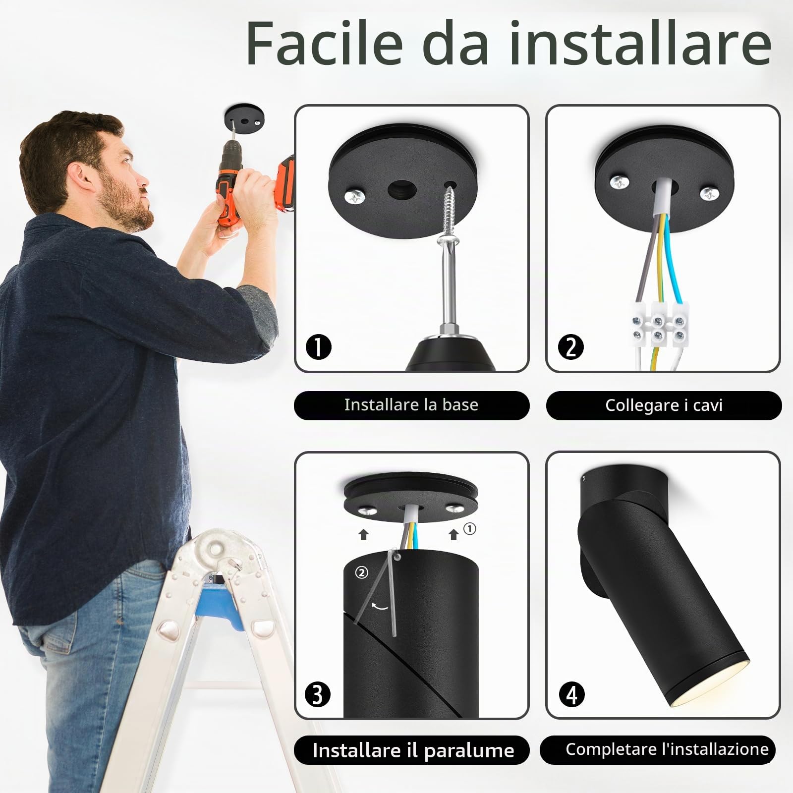 YindaLux 2 Pcs Faretto da Soffitto LED Dimmerabile Nero, Faretti LED Soffitto Interno Orientabili in Alluminio, Faretti Soffitto incl. 5W 500LM 230V Modulo LED, 3000K/4000K/6500K Lampada da Soffitto