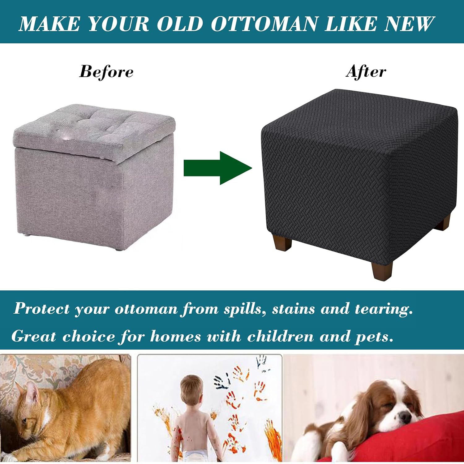 HFCNMY Ottoman Cover Square,Stretch Knitted Small Square Ottoman Slipcover,Storage Foot Stool Covers with Elastic Bottom Black