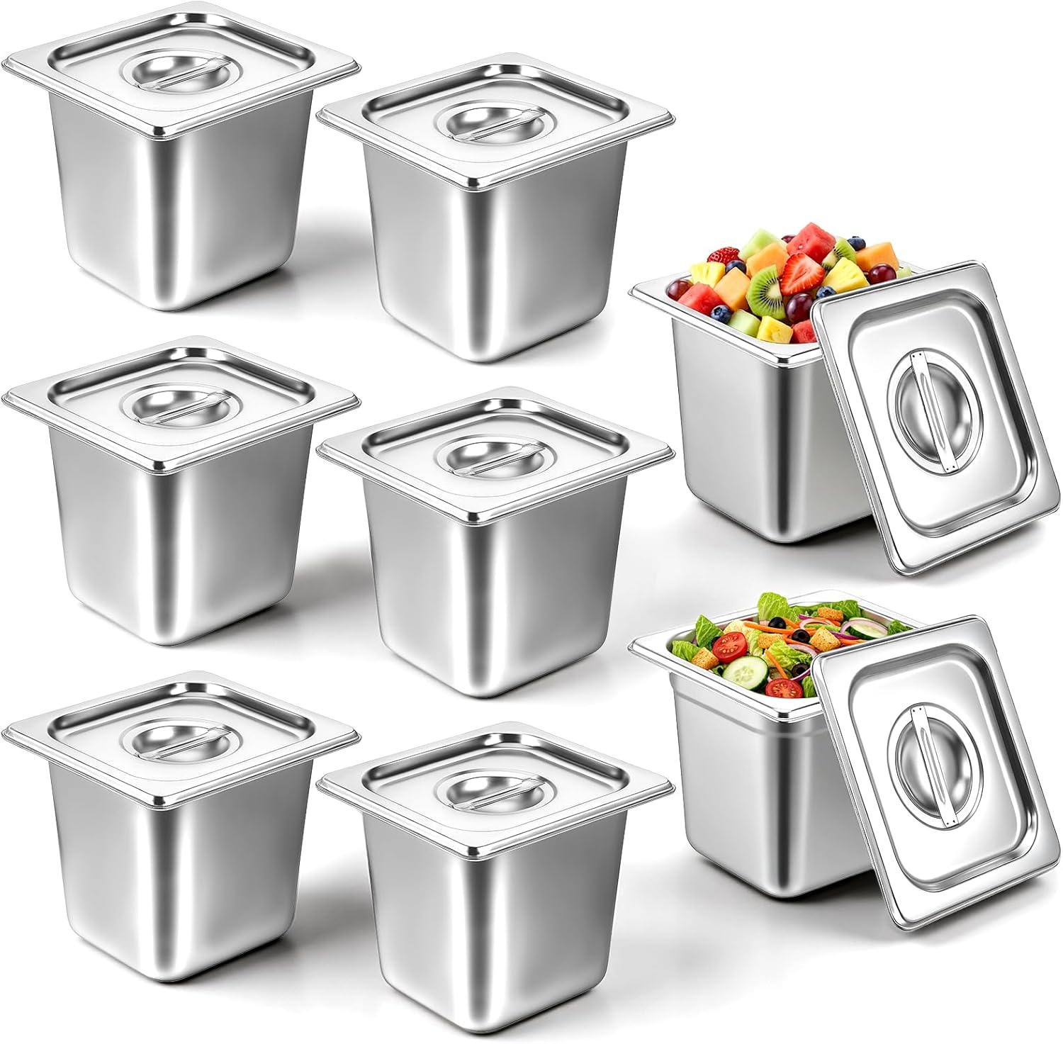 8 Pack Stainless Steel Hotel Pans, 1/6 Size Hotel Steam Table Pan 6 Inch Deep With Lids, Stainless Steel Restaurant Food Prep Tray Buffet Container for Catering Commercial Kitchen Use, 7''L x 6.5''W