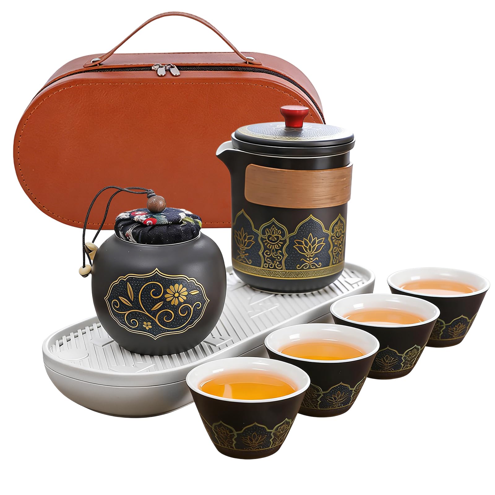Japanisches Teeservice, Tragbares Chinesisches Teeset, Japanisches Kung Fu Tee Set Mit Reisetasche, 1 Teekanne (270ml) + 1 Teekanister (45g) + 4 Teetassen (40ml) Für Reise Und Zuhause