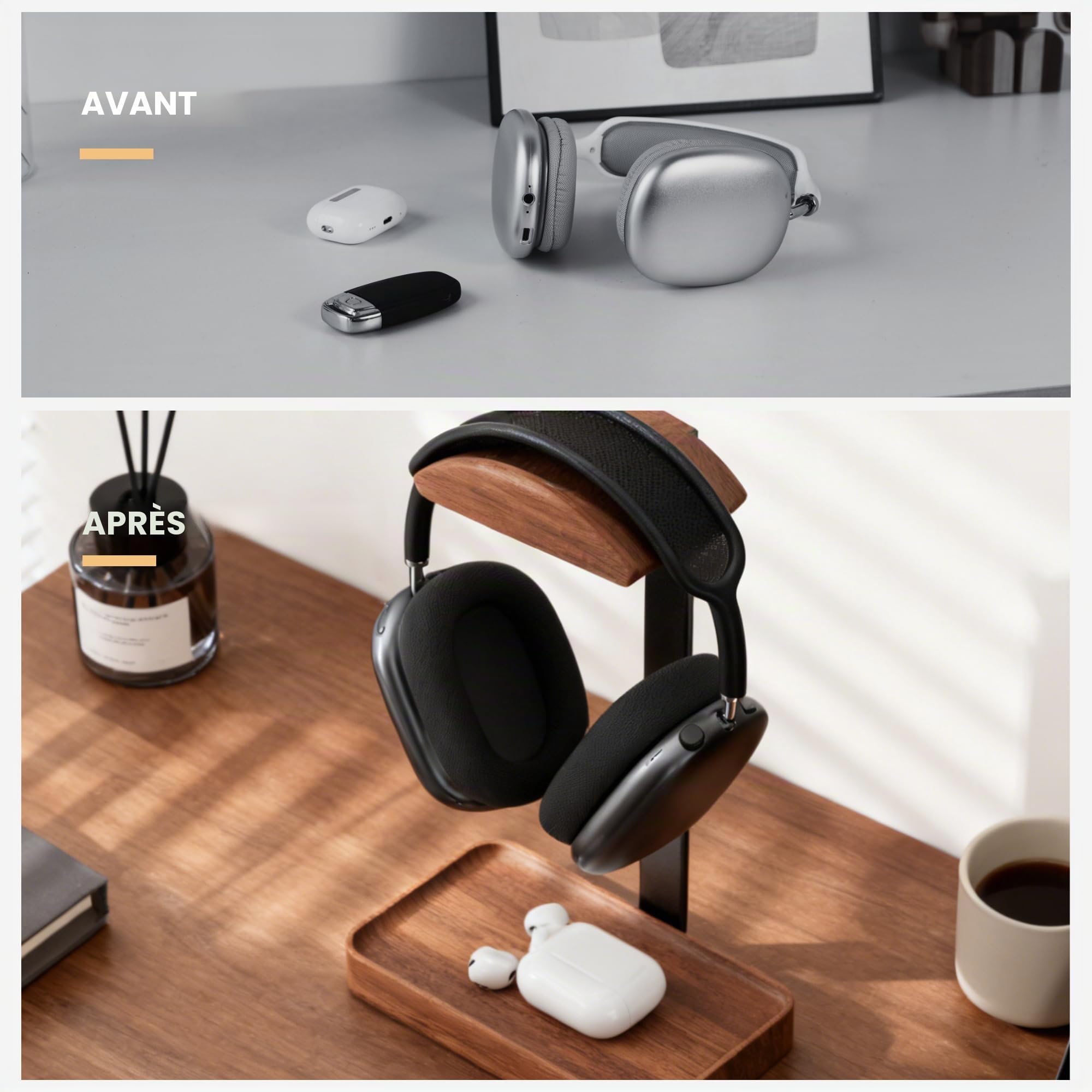 muso wood Support pour casque en noyer, support pour casque en bois avec base de rangement, support pour écouteurs pour le jeu, le bureau et la maison - Compatible avec AirPods Max, Bose, Razer (Noir)