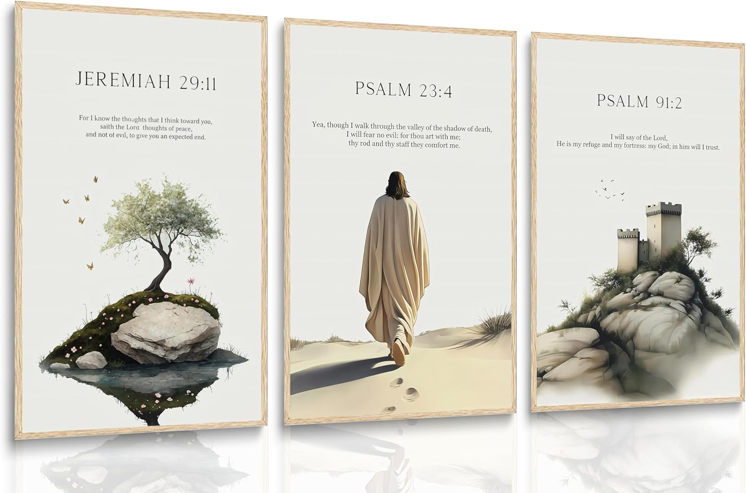 3Pcs Bible Verse Jesus Canvas Wall Art Minimalist Paintings Earthy Beige Gray Green Tree Walking Desert Castle Posters Prints Pictures Wall Decor Christian Decoration for Prayer Room Bedroom Study Unframed