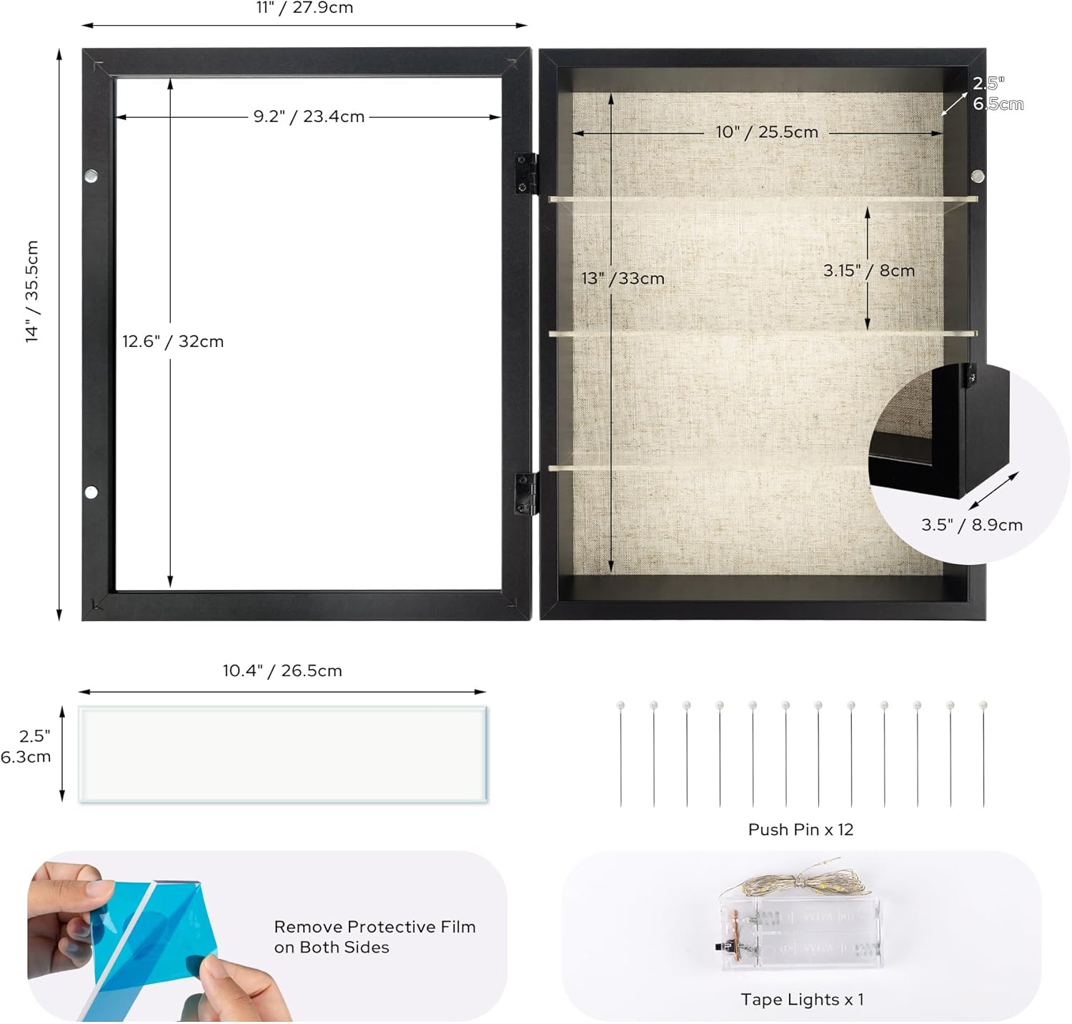 11x14 Shadow Box Display Cases with Removable Clear Shelves, Glass Door Memory Box, Black Deep Shadow Box Frame with DIY Light Strip for Keepsake Collectibles, Wedding Bouquet, Photos