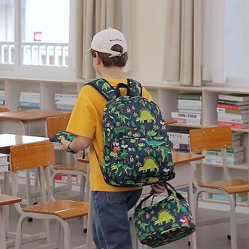 Miniatura 9 de JSQDAGZH Mochilas para niñas y niños, mochila escolar con lonchera y estuche para lápices, Verde, Dinosaurio verde