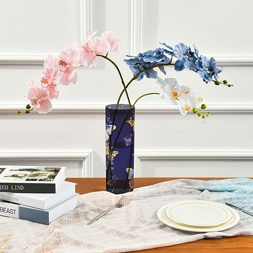 Miniatura 3 de YETTASBIN Florero cilíndrico de plástico con mariposa dorada púrpura para ramo de plantas, 1 paquete de jarrón transparente alto irrompible para