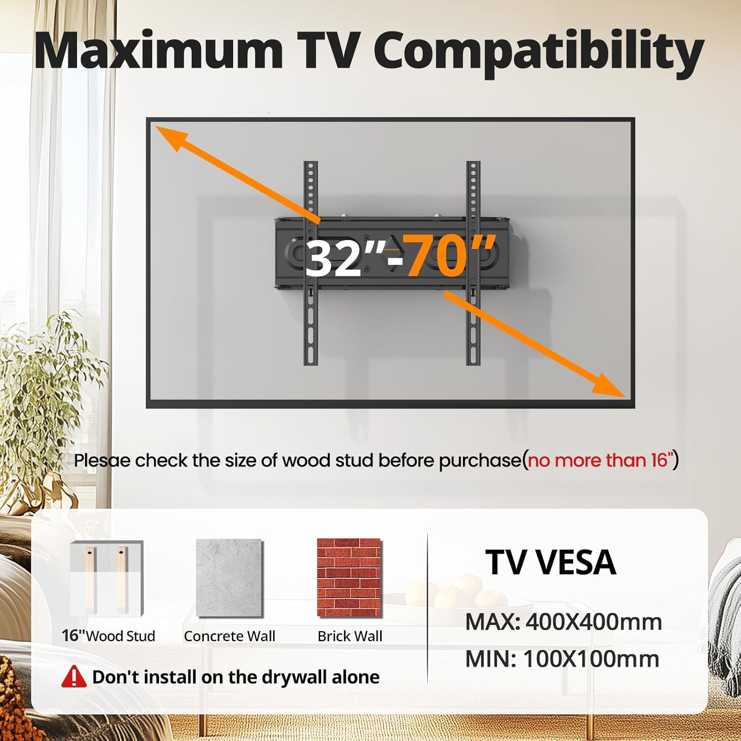 Diagram showing TV size compatibility from 32 to 70 inches, VESA patterns, and compatible wall types: 16 inch wood stud, concrete wall, and brick wall. A warning states not to install on drywall alone.