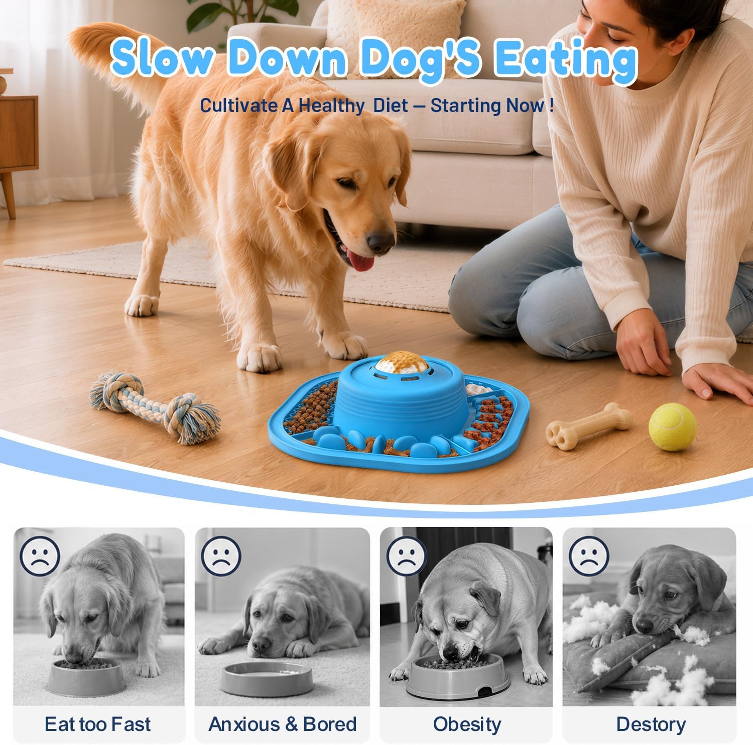 Lick Mat for Dogs & Cats with Interactive Rolling Ball & Suction Cups | 10.2 x 10.2-Inch Dog Lick Mat & Lick Bowl for Anxiety Relief & Reducing Boredom, Perfect for Bathing & Grooming