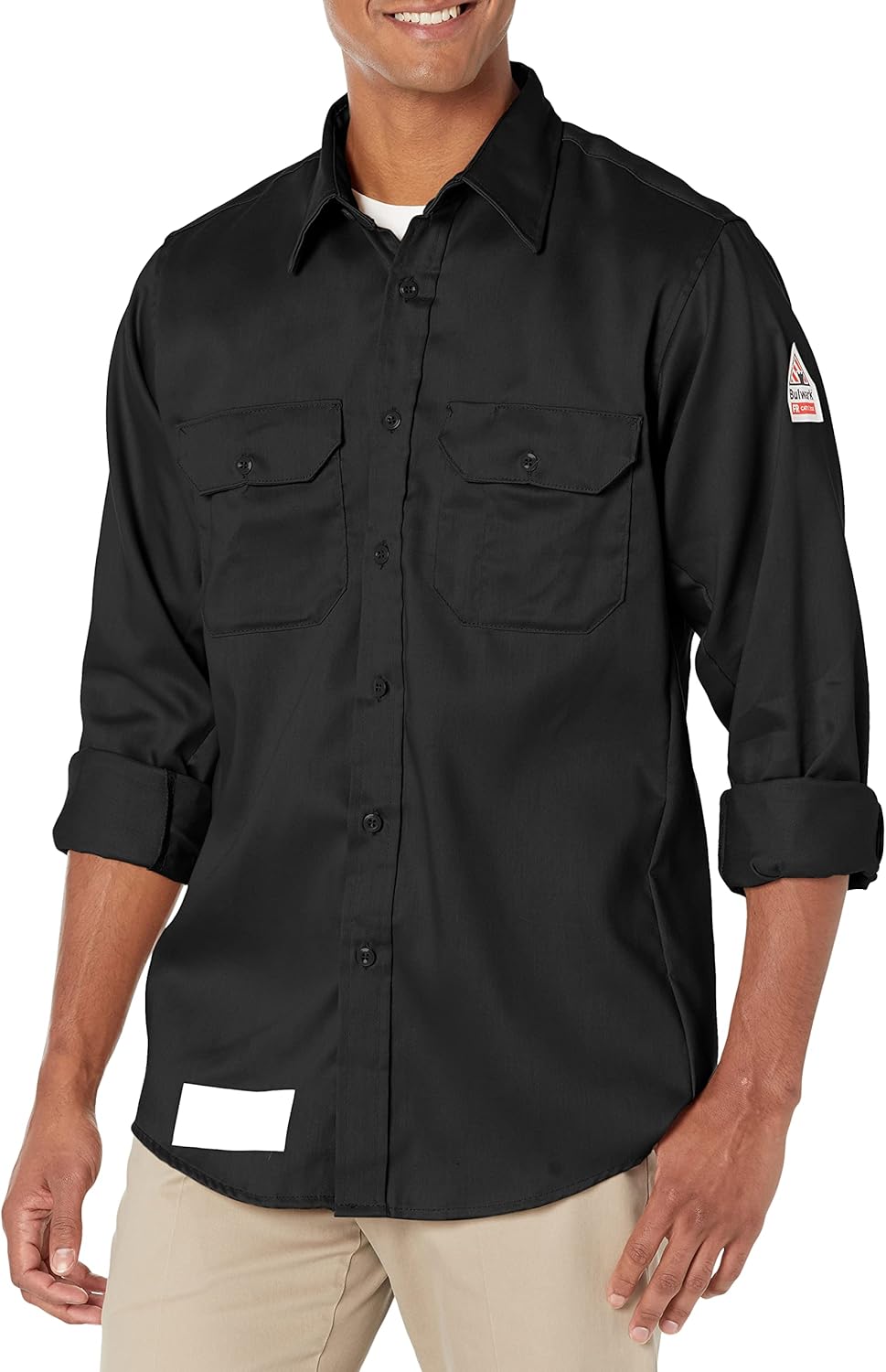 Bulwark FR Flame Resistant 6 oz Cotton/Nylon Excel FR ComforTouch Regular Uniform Shirt with Straight Back Yoke, Topstitched Cuff, Navy, Large