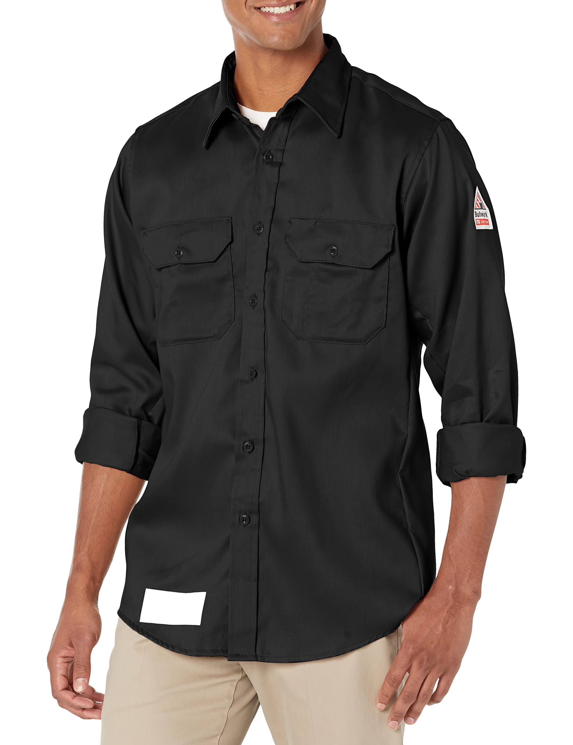 Bulwark Flame Resistant 6 oz Cotton/Nylon Excel FR ComforTouch Regular Uniform Shirt with Straight Back Yoke, Topstitched Cuff, Navy, Large (US)