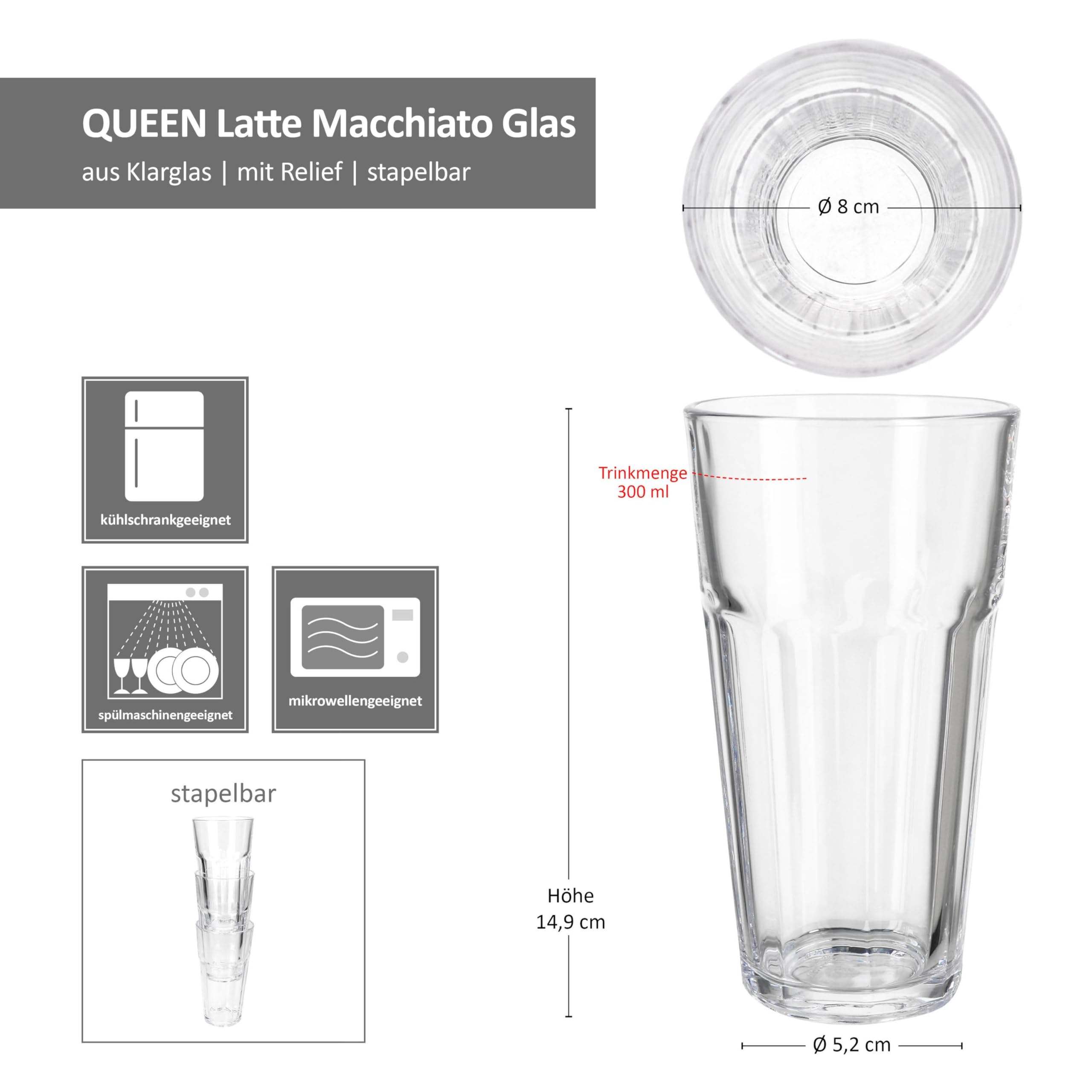 MamboCat Queen zestaw 24 szklanek do latte macchiato z przezroczystego szkła, 300 ml, dla 24 osób, stożkowe szklanki z możliwością układania w stos, do koktajli, koktajli, gorących napojów, koktajli