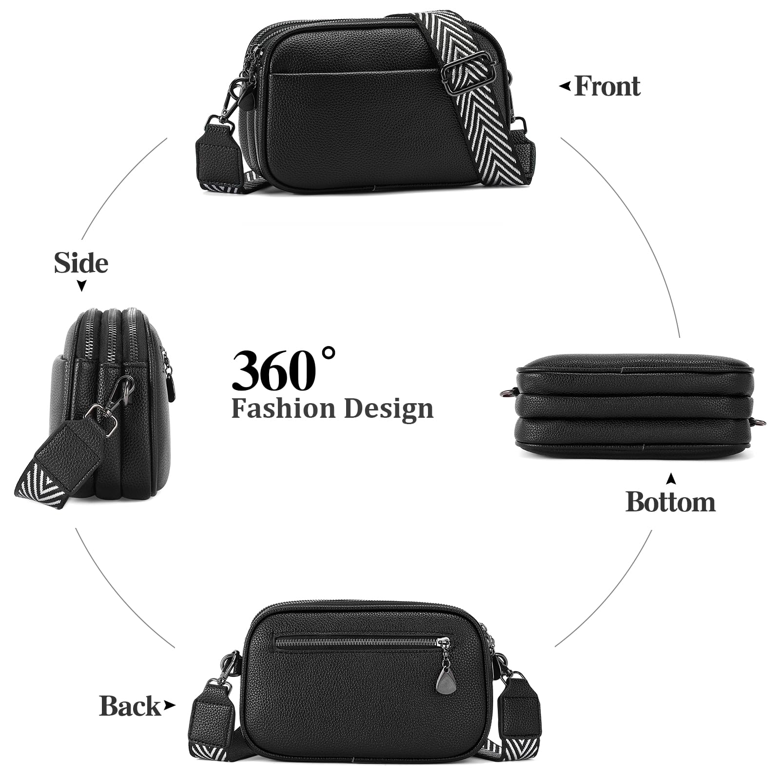 GAEKEAO Midnight Black Crossbody Purses for Women Crossbody Bag, Small Cross Body Bag for Woman Shoulder Purse with Triple Top Zipper