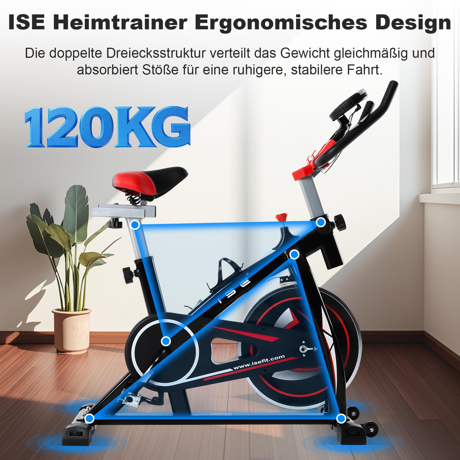 ISE Heimtrainer Fahrrad für zuhause mit LCD Display,Ergometer Fahrrad mit 8kg Schwungrad,Indoor Bike Fitnessbike Heimtrainer mit flüsterleise Riemenantrieb,Stationäres Fitnessbike für Zuhause