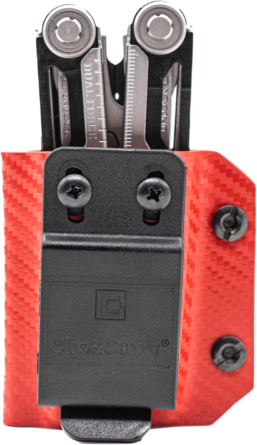 Clip & Carry Kydex Multitool Sheath for The Gerber Dual-Force - Made in USA - Multi Tool Holder Holster - Carbon Fiber Red