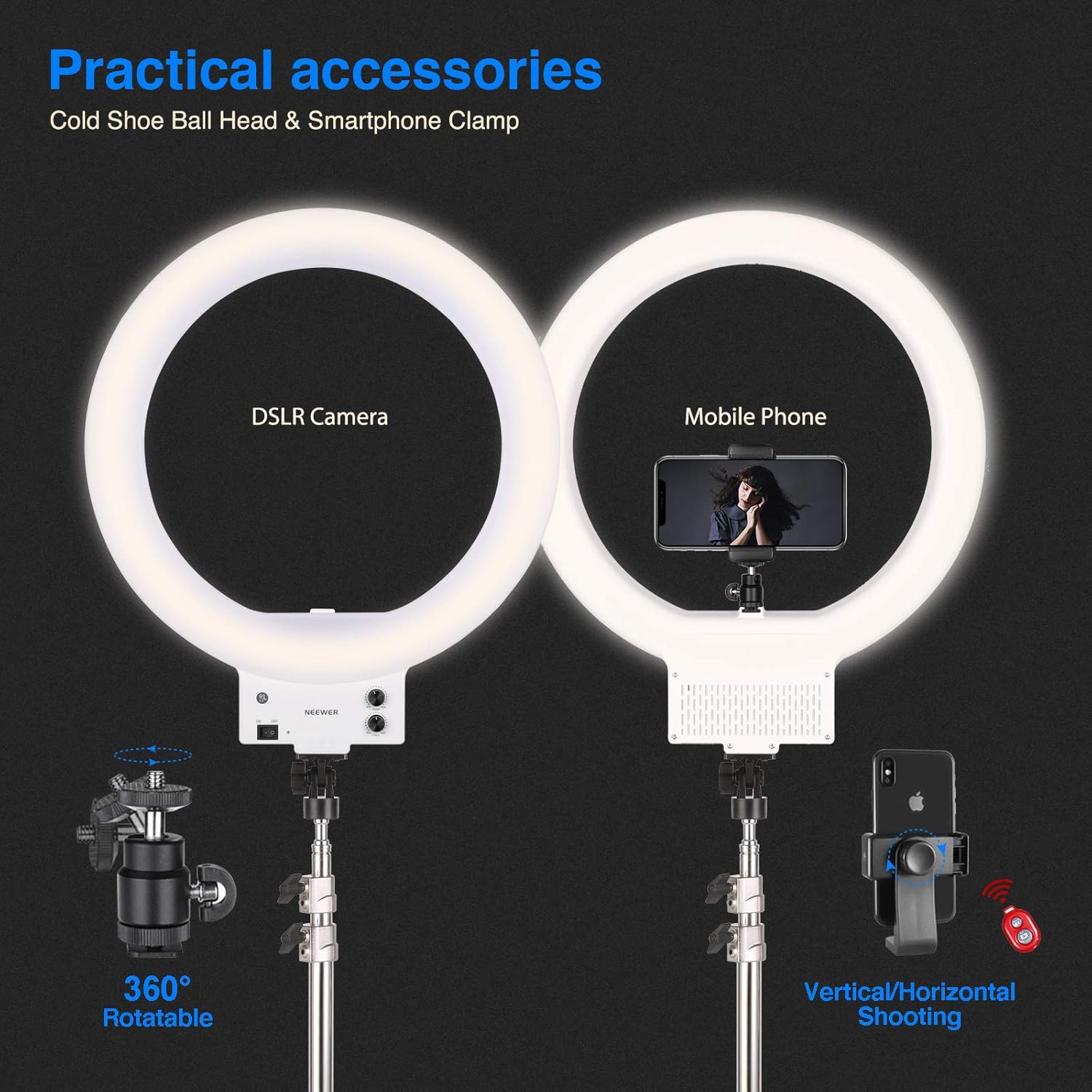 Free Shipping Offer Neewer 18-inch White LED Ring Light with Silver Light Stand Lighting Kit Dimmable 42W 3200-5600K with Soft Filter, Hot Shoe Adapter, Cellphone Holder for Make-up Video Shooting