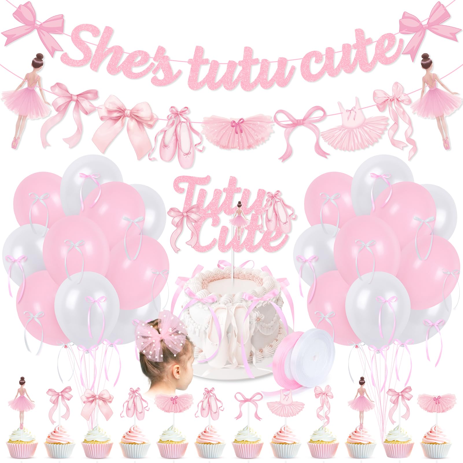 Pink Bows Ballet Girls Birthday Party Decorations, She's Tutu Cute Ballerina Theme Birthday Party Banner Cake Toppers Balloons for Two Two Cute 2nd